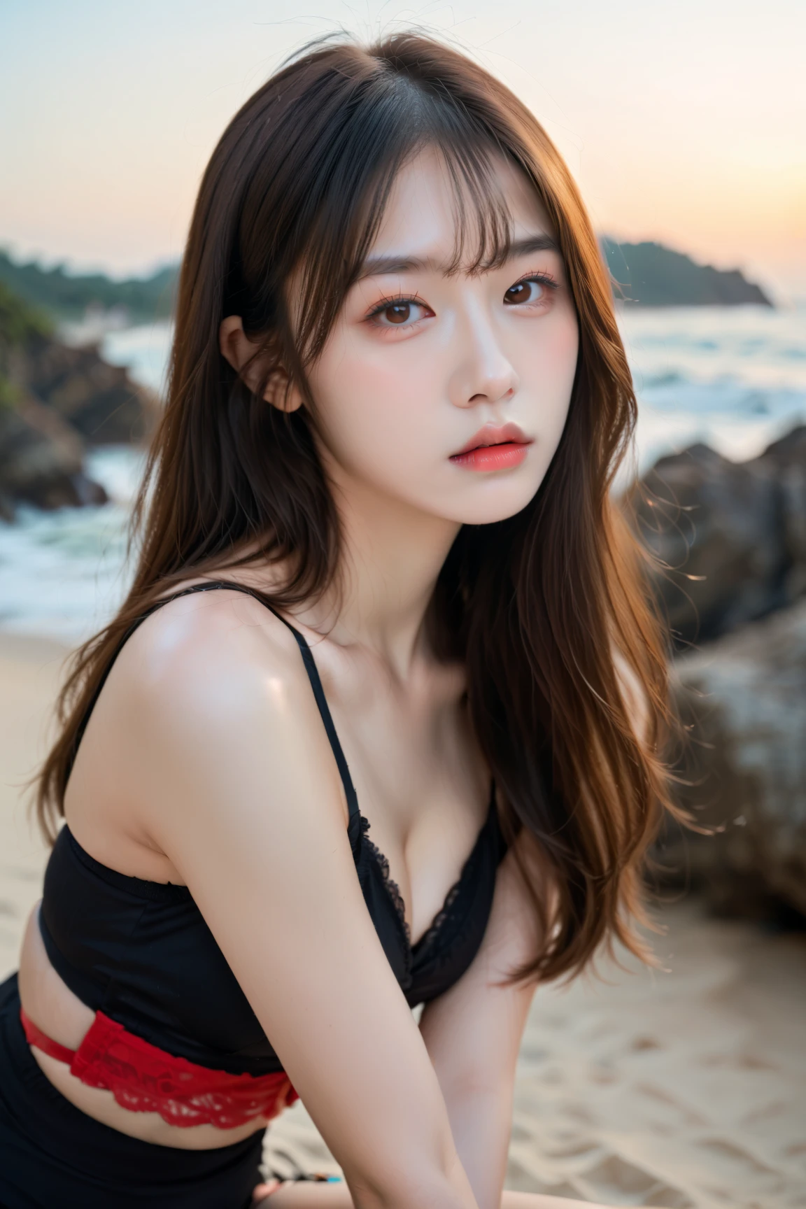 1girl, (looking at viewer:1.2), detail face, (a girl standing, rending on , sun falling and beach backdrop,(D cup,Cleavage,Red translucent tube top,), romanticism, atmospheric, (RAW photo, best quality), (realistic, photo-realistic:1.3), masterpiece, an extremely delicate and beautiful, extremely detailed,