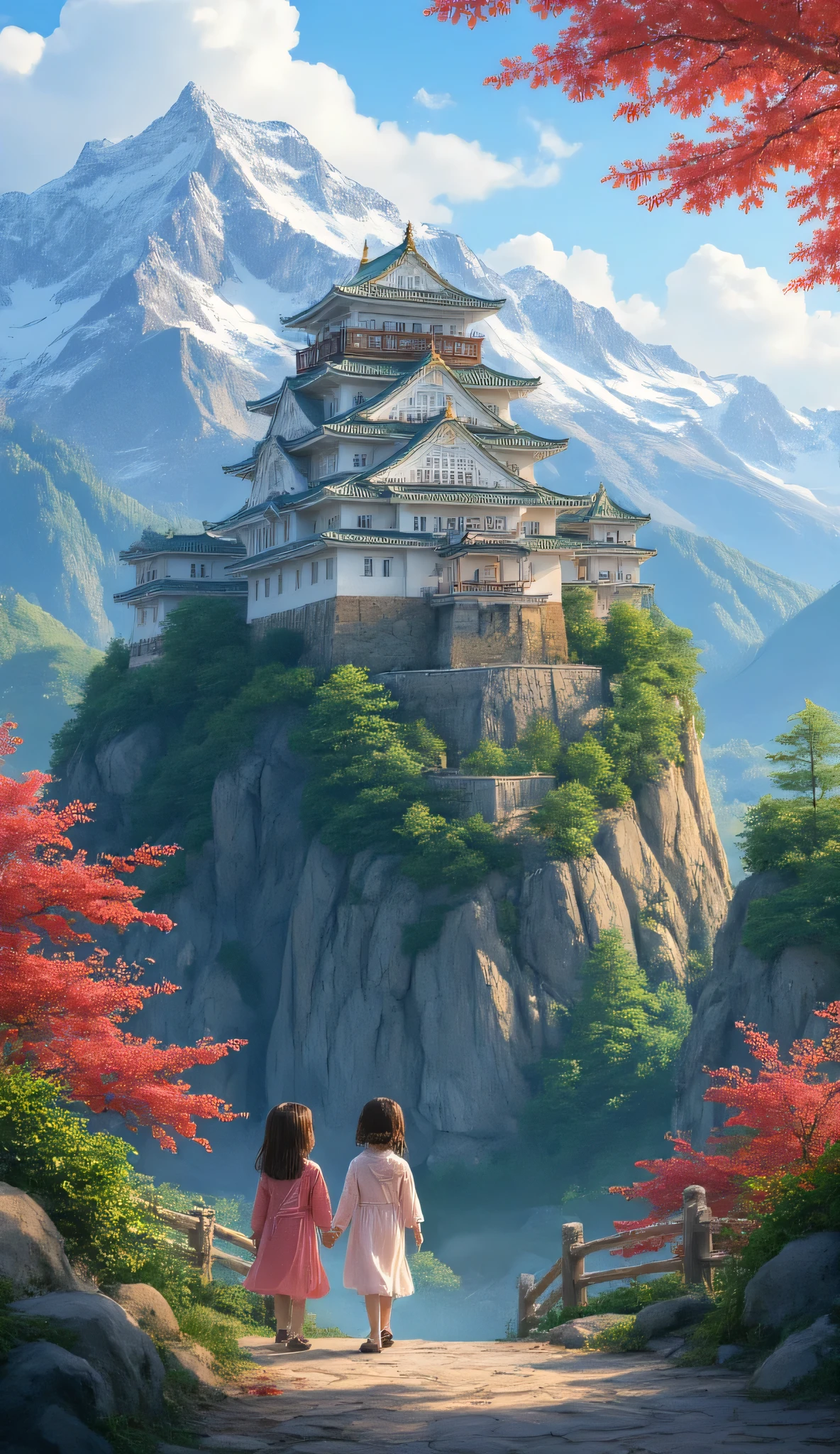 high resolution images of her daughter、(Mountainの上の日本の城)Mountain々Castle Architecture 、pictures of Takeda Castle in Harima、picturesque background、Digital image 、Ancient castle shining on high resolution background、 Dreamy Castle 、非常に詳細なDigital image 、high resolution digital paint、Castle Town Scenery。