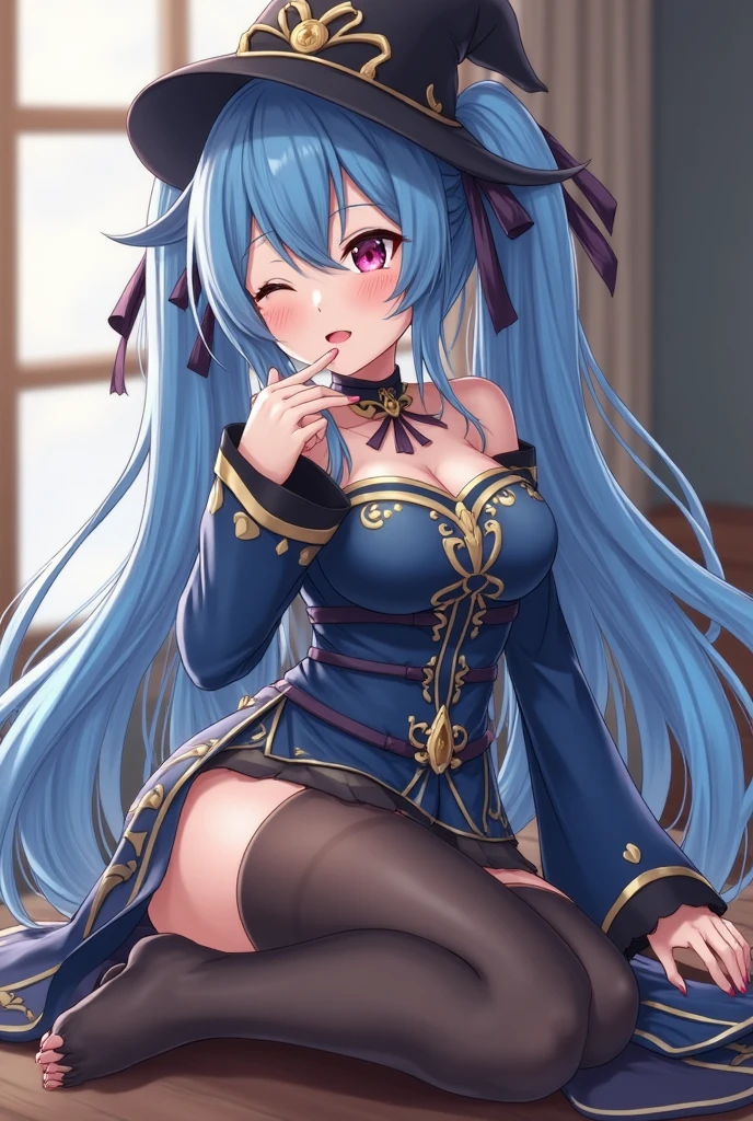 Character Details:, - Gender: 1 Girl. - Style: Anime, - Body Type: Attractive body, slim body, nice legs, slim tights, nice arms, nice shoulders. - Breast: ((Small Breast:1,5)), Cleavage. - Facial Features: Beautiful, Gorgeous, Teenager, Fresh, Young. - Expression: Smile, Pink Blush on Face, Sexy Eyes, Sexy Look, Innocent Look, Tipsy. - Hairstyle: Blunt Bangs, Long Hair. - Hair Color: Light Blue Hair. - Clothing: Office Shirt, Stocking, Messy. - Body Pose: Sitting on Desk, Closed Leg. - Behaviour: Waiting Alone, Want Something, Secretly. - Accessories: Earrings., Environmental Details:, - Setting: Office Room., - Lighting: Natural Light., - Decoration: Modern Office Desk, Chair, Window, White Curtain, City View. Top view. pov, anime style, UHD, retina, masterpiece, accurate, anatomically correct, texture.