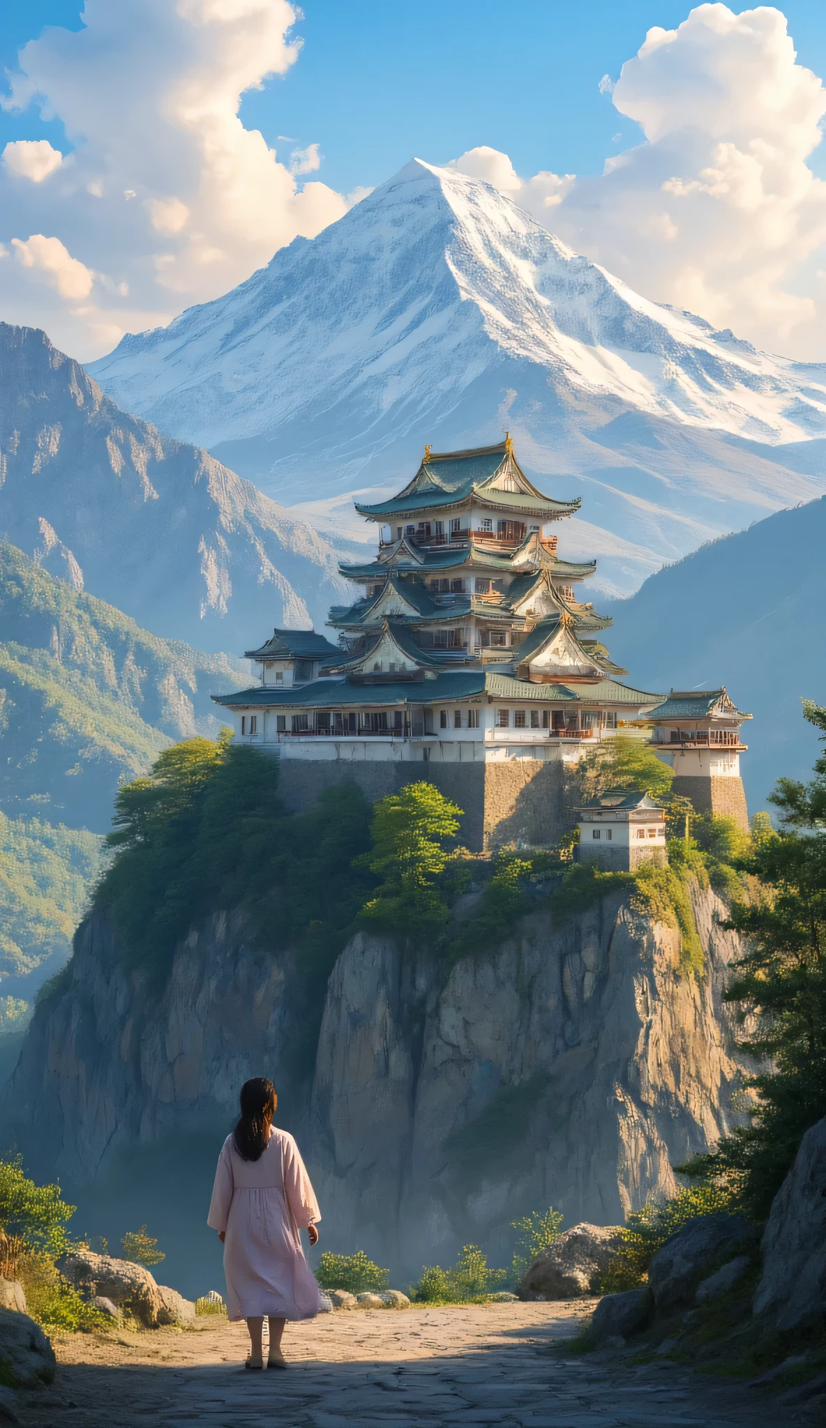 high resolution images of her daughter、(Mountainの上の日本の城)Mountain々Castle Architecture 、pictures of Takeda Castle in Harima、picturesque background、Digital image 、Ancient castle shining on high resolution background、 Dreamy Castle 、非常に詳細なDigital image 、high resolution digital paint、Castle Town Scenery。