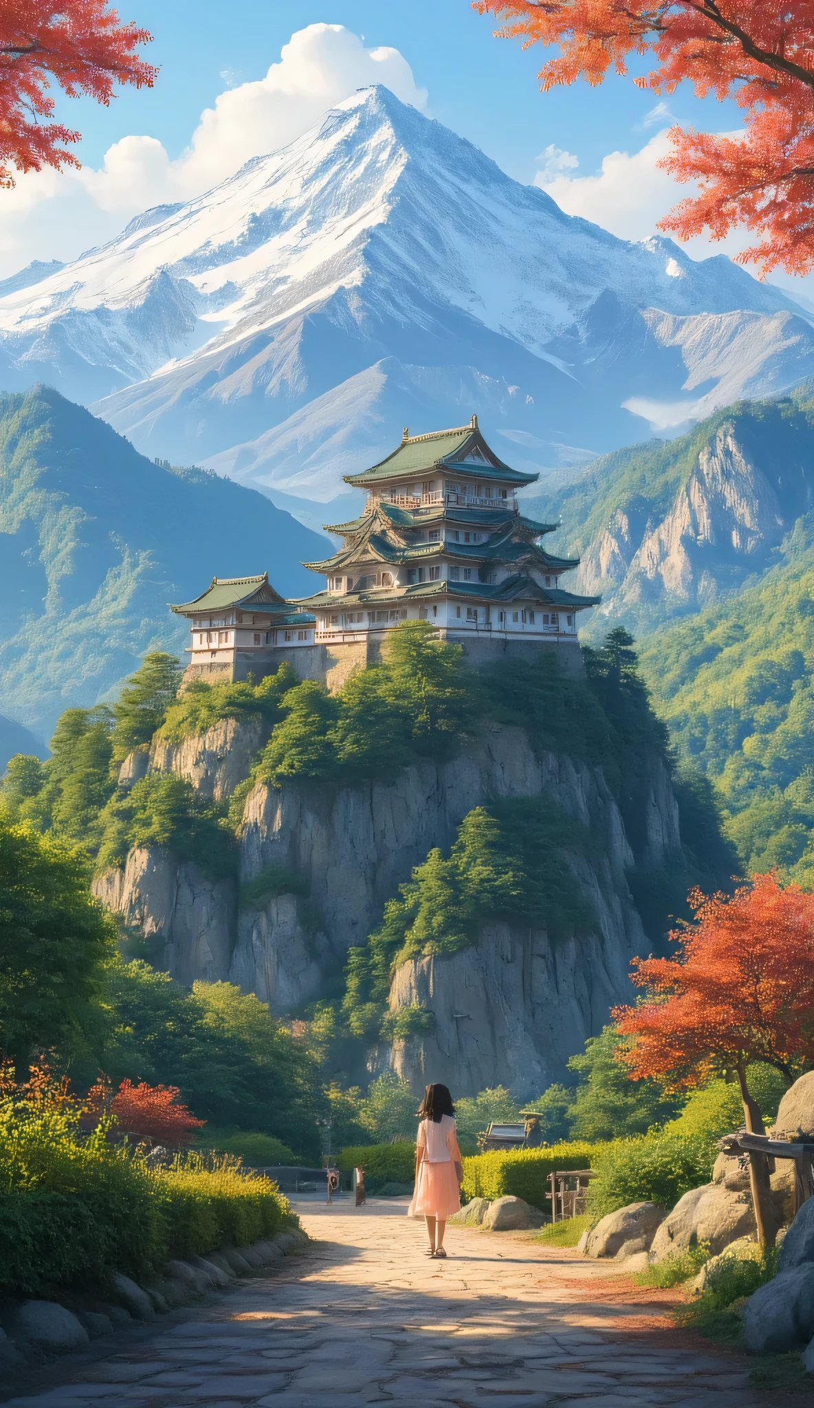 high resolution images of her daughter、(Mountainの上の日本の城)Mountain々Castle Architecture 、pictures of Takeda Castle in Harima、picturesque background、Digital image 、Ancient castle shining on high resolution background、 Dreamy Castle 、非常に詳細なDigital image 、high resolution digital paint、Castle Town Scenery。
