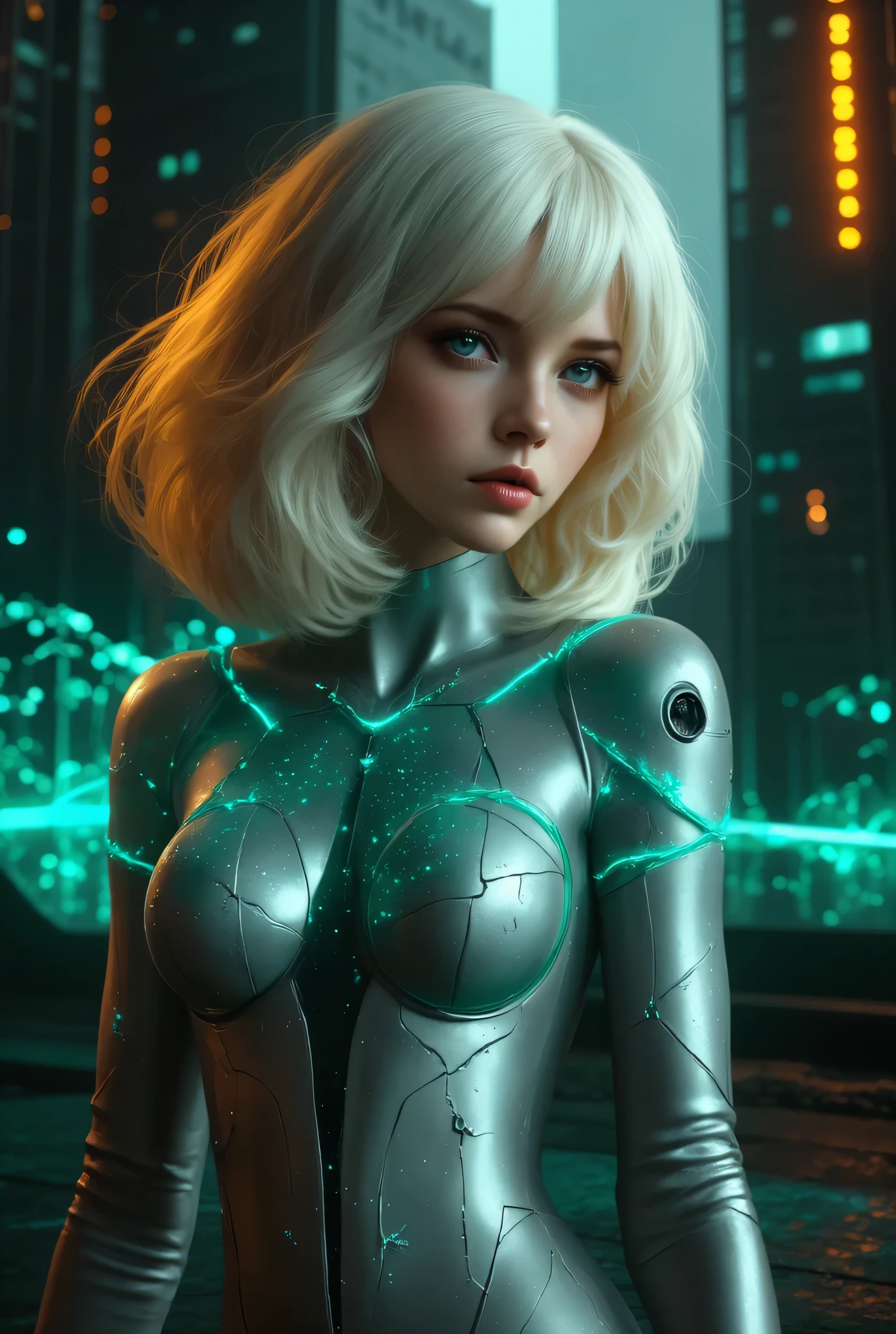 one female, ((Highest quality)), ((masterpiece)), (detailed), ((very detailed face)), High resolution photograph, full body portrait, slim face, pretty woman, (platinum blonde hair), blue eyes, detail eyes, double eyelids, (Beautiful Delicate Eyes and Lips), ((The arm is equipped with an air-illuminating monitor for communication)),
A futuristic woman wearing fashion from 50 years in the future. She is dressed in a bodysuit-style dress with metallic silver and emerald green colors, creating a reflective, glossy effect. The fabric is smart and adapts to temperature and humidity, subtly changing color and reflecting light with her movements. The design is sleek, streamlined, and elegant. Delicate LED light patterns are integrated into the arms and back, glowing in flowing ribbons as she walks. Her hairstyle is futuristic, with short bangs and long, straight hair in the back. In the background, a futuristic city skyline with towering glass buildings reflects light.