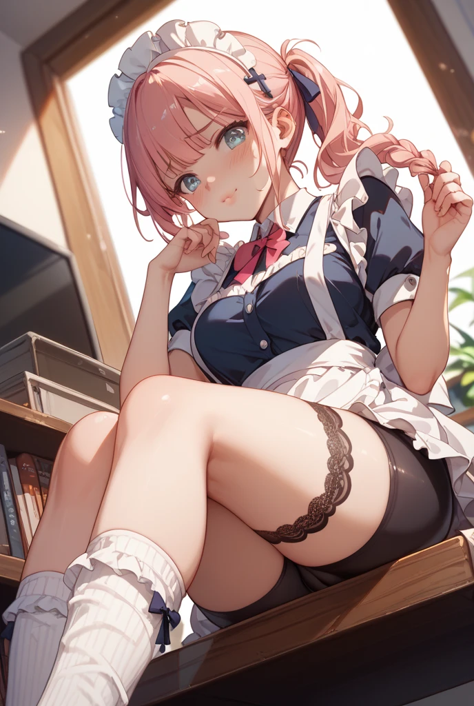 anime girl in a tight pantyhost sitting at a desk, (sfw) safe for work, pink hair, beautiful anime girl squatting, bending over, seductive anime girl, thicc, [ 4 k digital art ]!!, smooth anime cg art, on a desk, 2 b, 2b, a hyperrealistic schoolgirl, hyperrealistic schoolgirl, noire moody scene