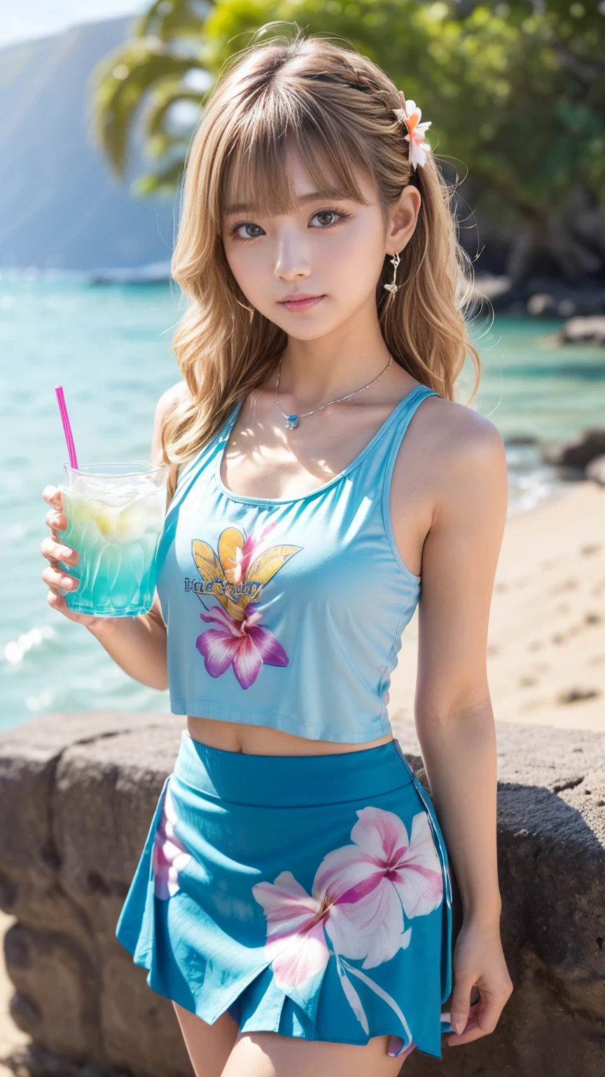 Highest quality、8k、Tropical sandy beach、白くbeautiful絹のような光沢のある肌,、Long bangs fluttering in the strong wind、beautiful顔、Blonde Straight Super Long、ponytail、Cute 18歳のbeautiful女の子、Baby Face、beautiful, Big pale blue eyes、double eyelid、Bright expression、