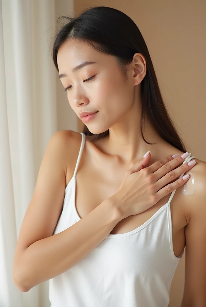 Creating a Chinese woman with big breasts rubbing her hands on her breasts