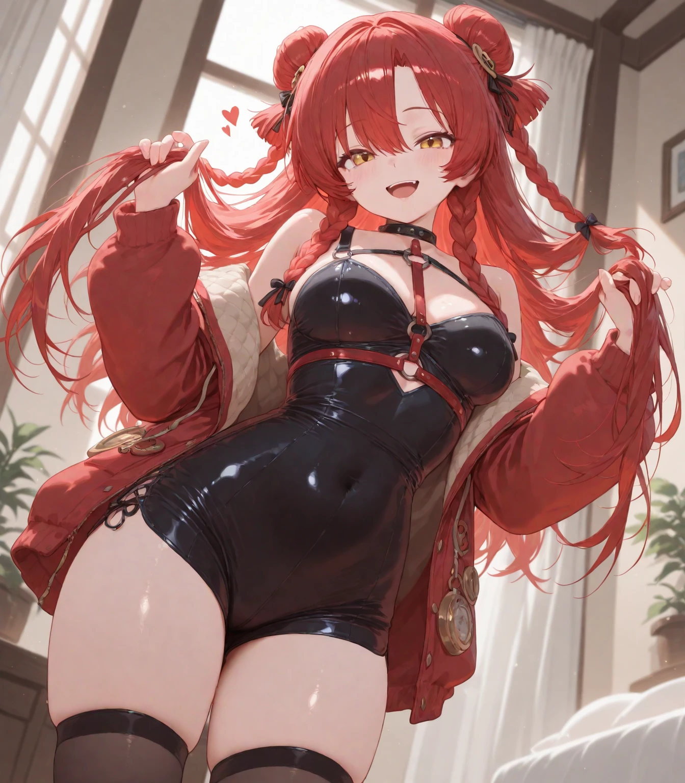 Unfold panties with both hands、Plump thighs、Best image quality、High resolution、masterpiece、super high quality、Striped bra、Striped panties、Panty flashing、とてもBig Ass、Blushing、4K quality、Thick thighs、Big Ass、Blushed、Big Breasts、Proud face、Wearing black knee socks、Sticking out tongue、heart、Squat with your legs apart