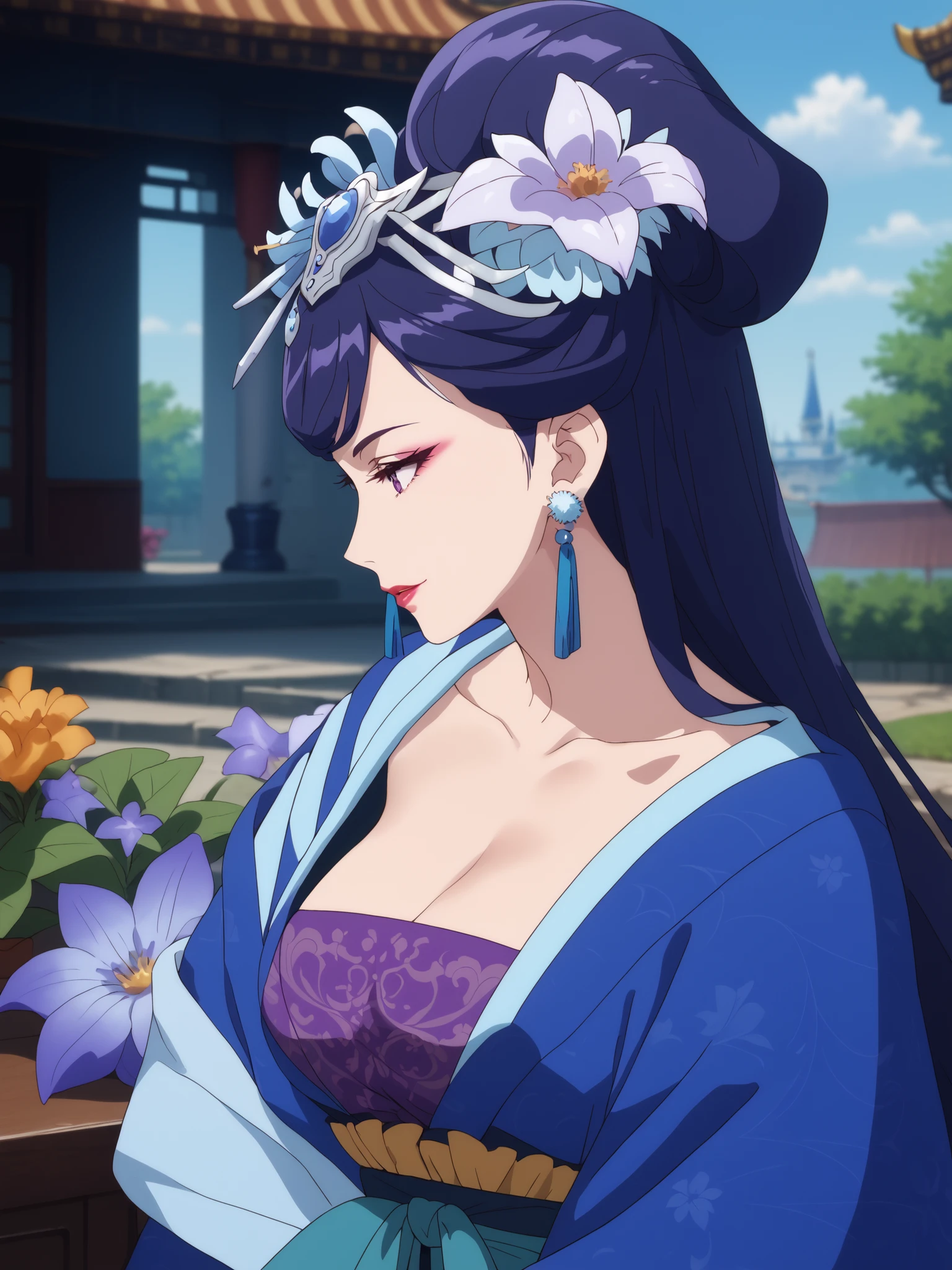 ((((masterpiece)))), profile,best quality, 1 girl, solo,Big Breasts,big butt,Li Hua ,The Apothecary Diaries,Li Hua, long hair, PURPLE EYES, purple hair, flower, earrings, hair flower, makeup, lipstick,Chest, jewelry, Chinese clothes, Hanfu,complicated_details_4xl size,rich,beautiful attention to detail:1.2, (perfect hand in h, perfect anatomy), 超details, beautiful face above the castle gate,abandoned town,flower,all fours,Looking down,stares at viewers,Chest,excited,romantic atmosphere,, naughty face on the floor,breasts with floating blood vessels , ( close-up bust :1.5)