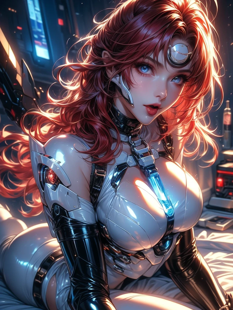 Best image quality,Excellent details,Ultra-high resolution,(loyal:1.4),Best illustrations,I like the details,Neckline close-up,Mecha Girl,He has a delicate and beautiful face,((Red and white semi-mechanical housing:1.8)),I was raised to be sexy.,Cleavage, front,On the bed, Cyberpunk characters,Future,Mechanically beautiful,Complex Machinery,The background is a futuristic city high tech light scene,Virtual Engine 5,Perfect detail,Rendering in Octane,Hyper HD
