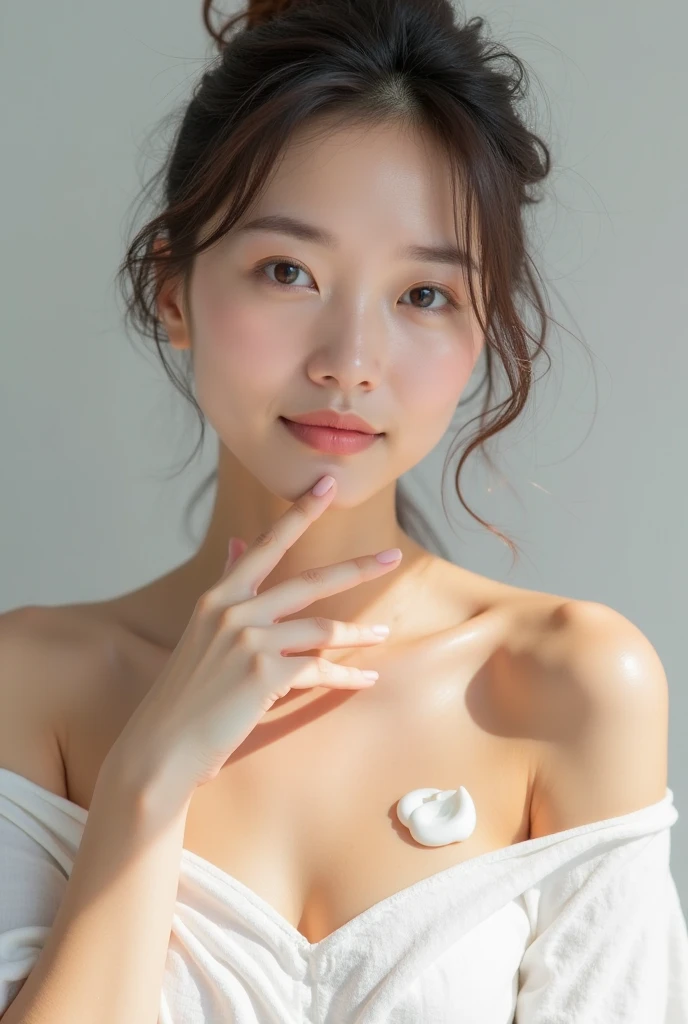 Best quality, masterpiece, ultra high res, (photorealistic:1.4), raw photo, 1girl, offshoulder, at the japanese tatami room, deep shadow, High key, realistic skin, wet hair, intricate light, masterpiece, sunset, white tshirt, big breast, japanese , 4K, ponytail hair, look at viewer, hands up to backhead, best hand and finger, good quality, sexy pose