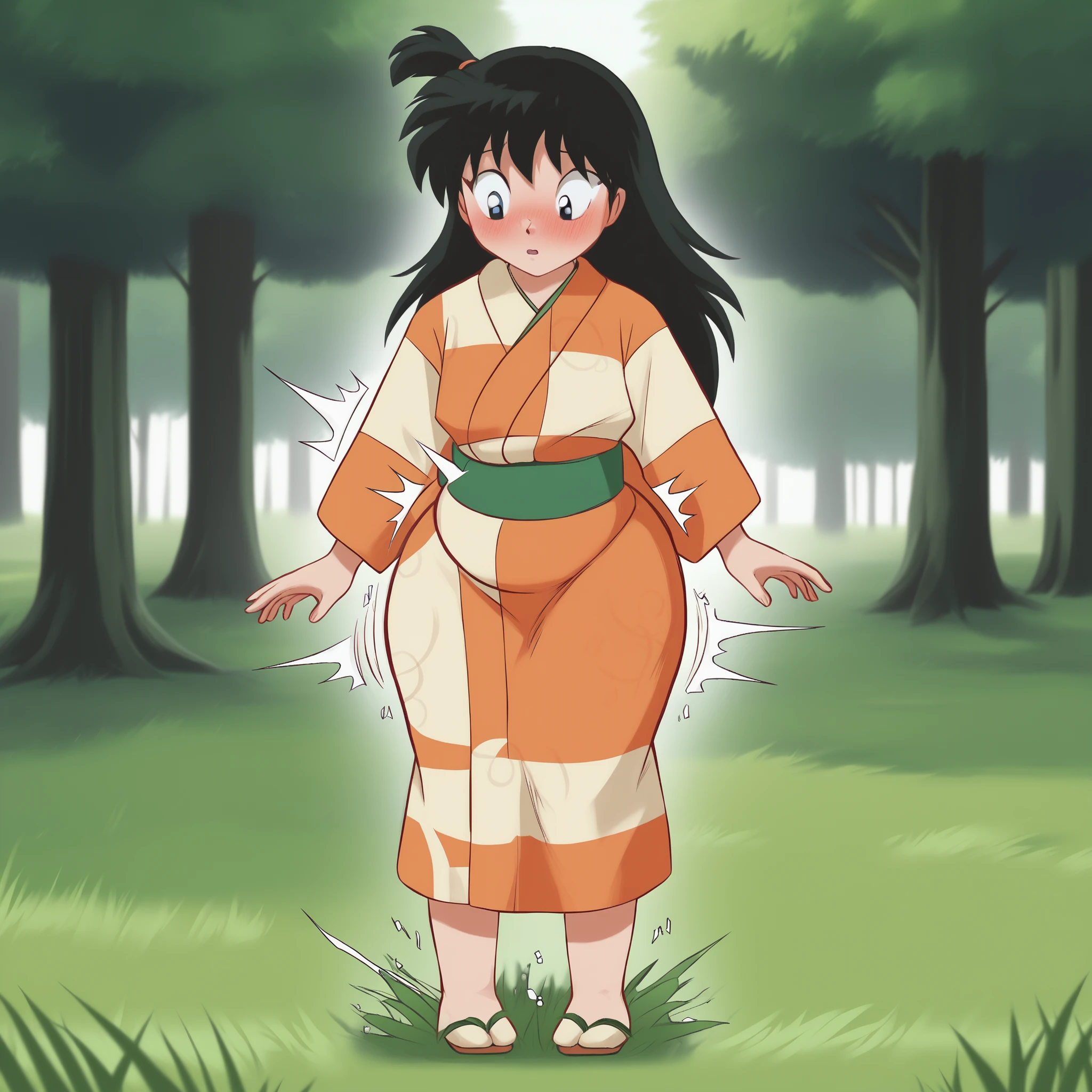 score_9, solo, rin_inuyasha, black hair, long hair, side ponytail, kimono, cute, ,, grass, tree, natural lighting, butt expansion, blushing, belly expansion, standing, belly on hands, wide hips, no wardrobe malfunction