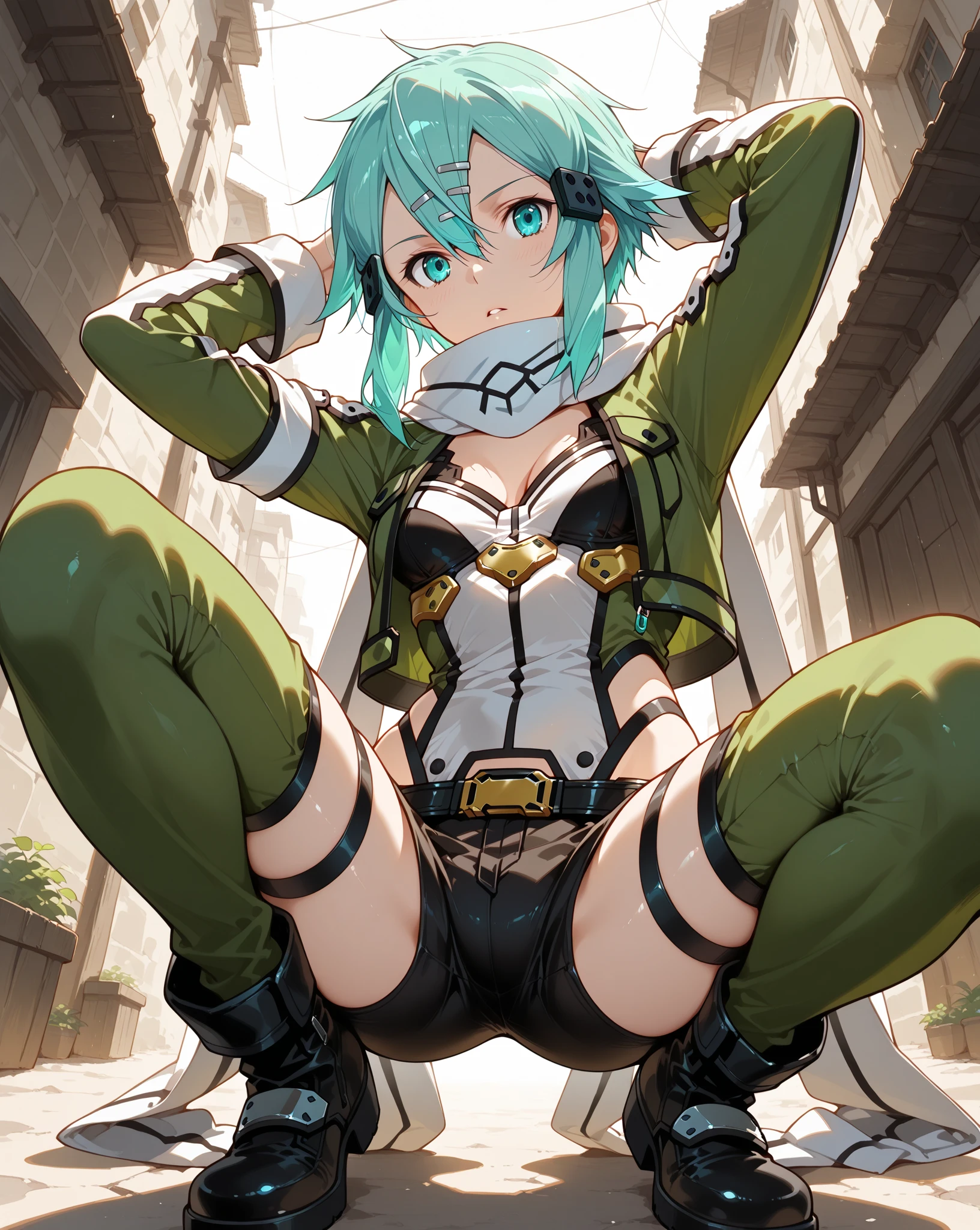 NSFW,Chinon 1,Fingerless gloves,Long sleeve,Short shorts,hair ornaments,Hair Clip,Green knee socks,Green jacket,Thigh straps,Embarrassed,blush,ruins,Building at night,(Perfect hands),(Perfect Anatomy),(masterpiece),(highest quality),One man,being molested by a man,caress,Clenched teeth,Tongue sticking out,Having sex,A sultry expression