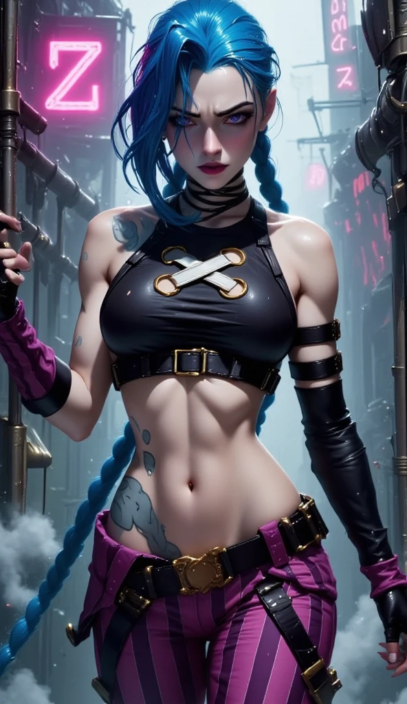 (masterpiece, best quality:1.2), intricate details, jinx \(league of legends\), 1girl, twin braids, single elbow glove, short shorts, bikini top only, necklace, belt, bullet, fingerless gloves