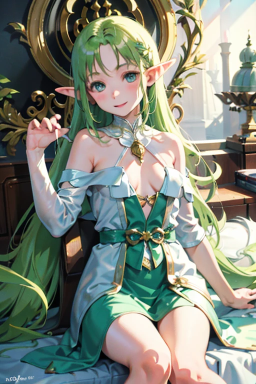1 garota,A female elf, cabelos louros longos,orelha de elfo,olhos verdes grandes, thin lips, rosto redondo,seios enormes,usando uma roupas de arqueiro, sitting on a solid oak throne, inside a rustic hall, sorridente, convidativa,Elf female.