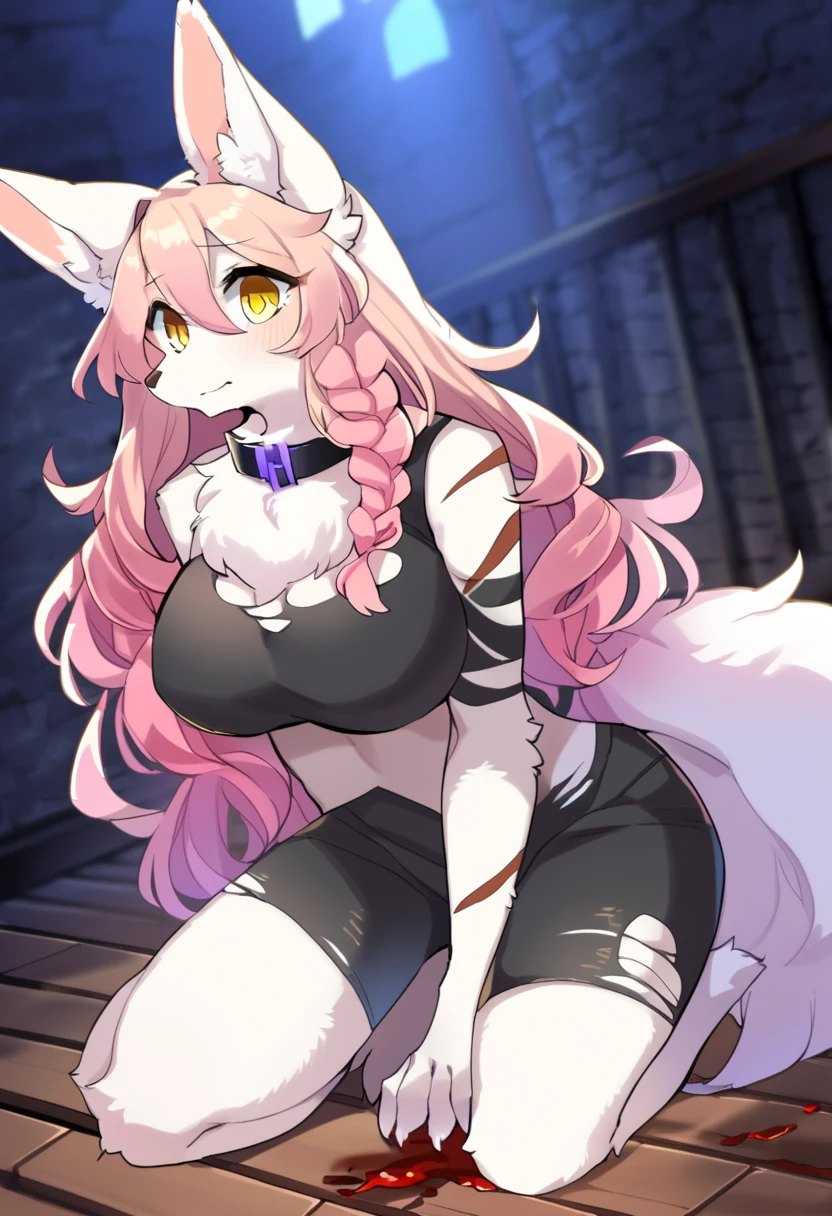 high quality, masterpiece, Ultra Detailed, Bottom View,1 girl, Extremely detailed facial details, Silk wrapping,White cloth gag,Kneeling on the ground,handcuffs,collar,Calm expression,Blood-red lips,Smile,handcuffs,collar,Long blond hair, Attractive pink eyes, Fox ears, Ridiculously big, glowing skin, Wooden floor,church,cross
