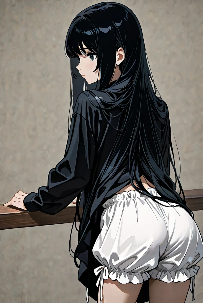 A beautiful woman with beautiful long black hair hanging over her shoulders