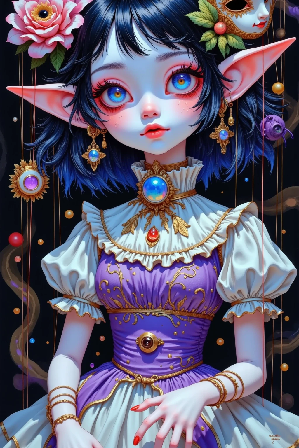 a beautiful 20 year old black woman with big messy hair in a blue dress, white stockings, black headband, cleavage, holding a glowing mushroom, fantasy art style, rossdraws cartoon vibrant, alice x. zhang, alice in wonderland cyberpunk, cute detailed digital art, colorfull digital fantasy art, digital fantasy art ), glossy digital painting, rossdraws pastel vibrant, rossdraws 2. 5, rossdraws 1. 0