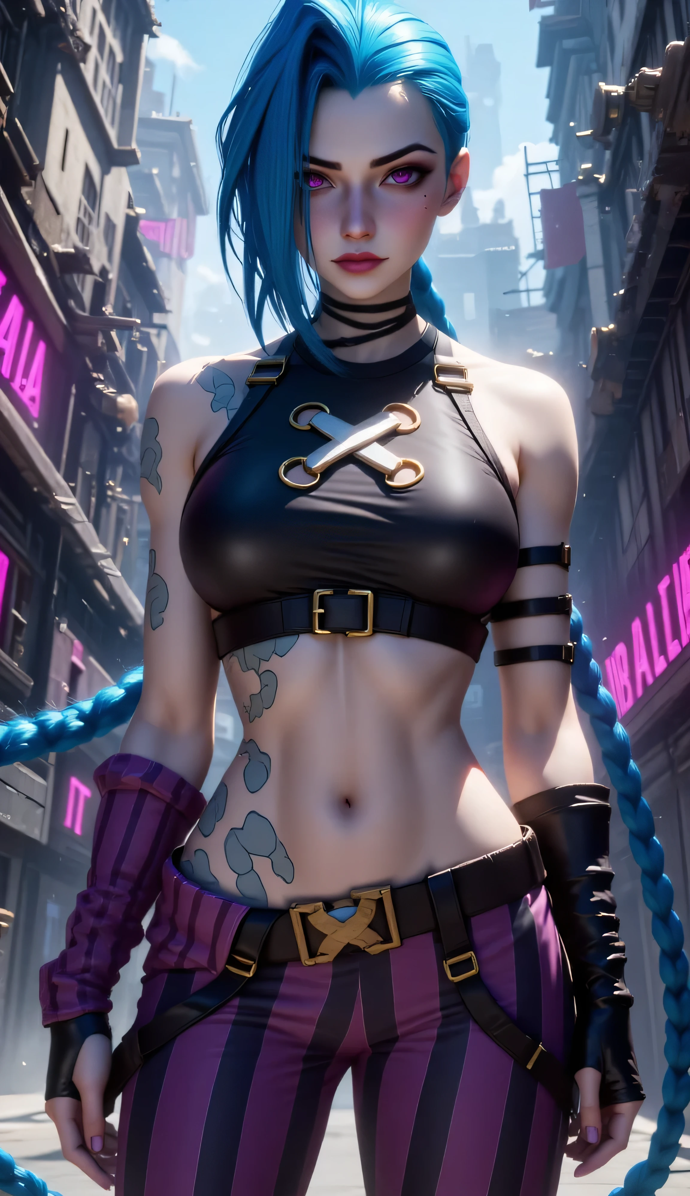 Create a hyper-realistic, anatomically correct image of Jinx from League of Legends, based on her original design. She has a fit, athletic body with defined gym-toned muscles, perfect hands, and a confident, chaotic expression. Her iconic long blue pigtails flow dramatically. She's wearing her original outfit: a punk-inspired crop top, mismatched stockings, belts, and bullet accessories. The background is the gritty, industrial city of Zaun, with neon lights, smoke, pipes, and a dystopian atmosphere. High detail, cinematic lighting, ultra realistic textures