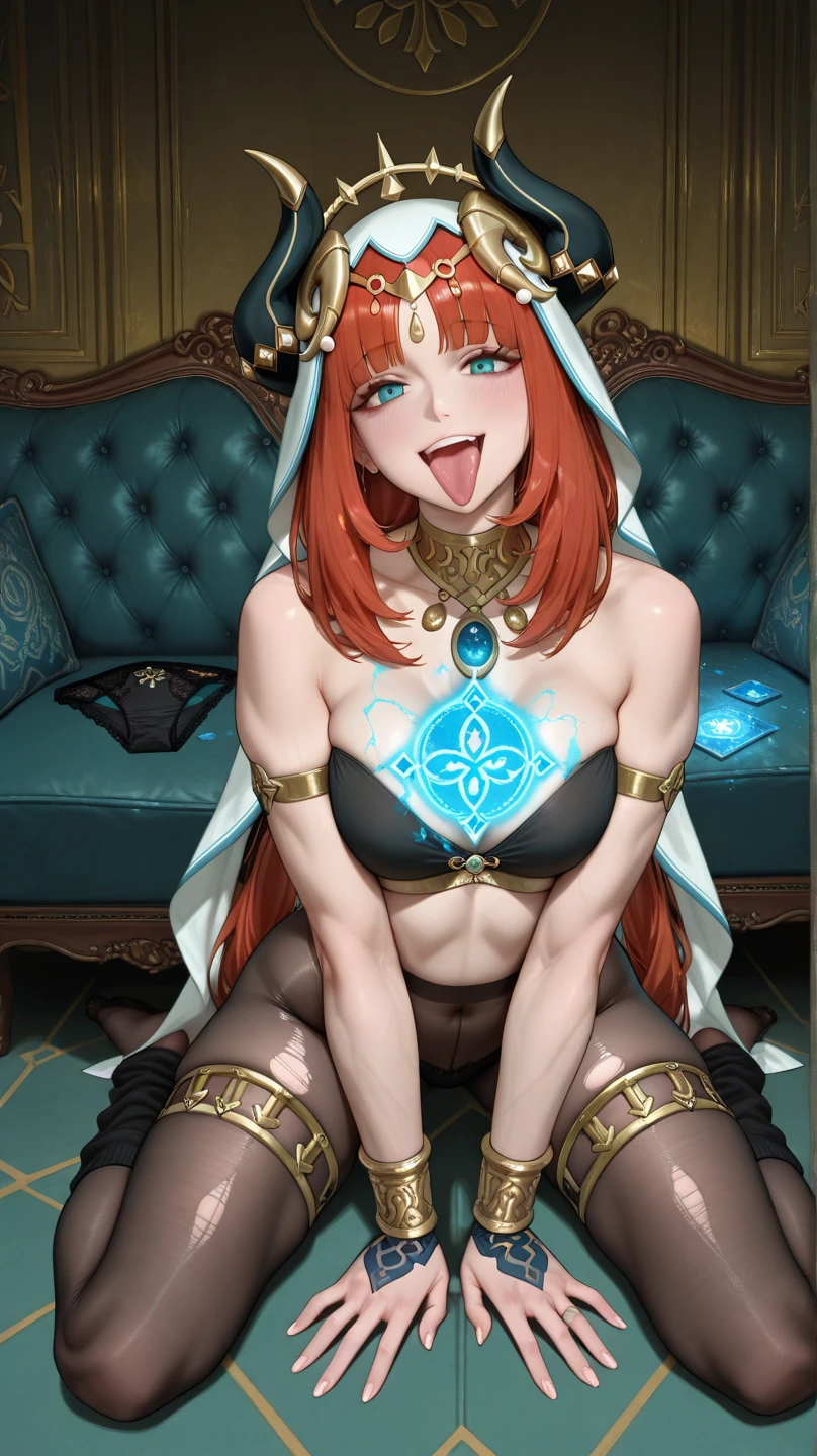 (masterpiece), best quality, expressive eyes, perfect face,Mature female,1 girl (nilou,Genshin impact),(harem outfit,exposed midriff,topless),karaoke room background,medium breasts,smile,topless,nipple,slim figure,