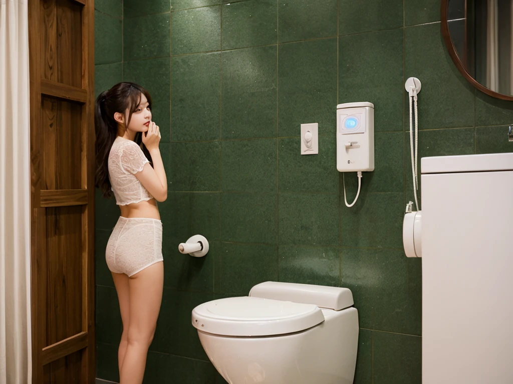 there is a woman kneeling on a blue stool in a bathroom, curvando-se, somewhat Curvo, agachado ao lado de uma piscina, Tiro lateral, vestindo collant branco, Curvo, hidden camera photo, usando um vestido curto branco molhado, tocando suas roupas, terno asuka sob a roupa!, Curvo posture, wearing a white bikini