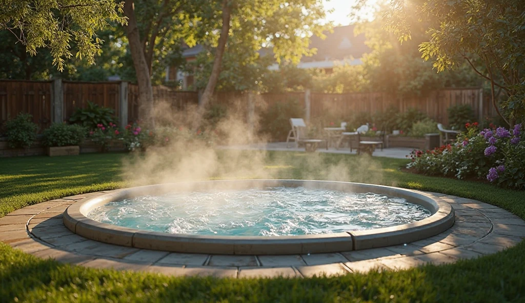 Naked Breasty Woman diving in big wooden barrel of cold watter placer on garden with trees a big flower