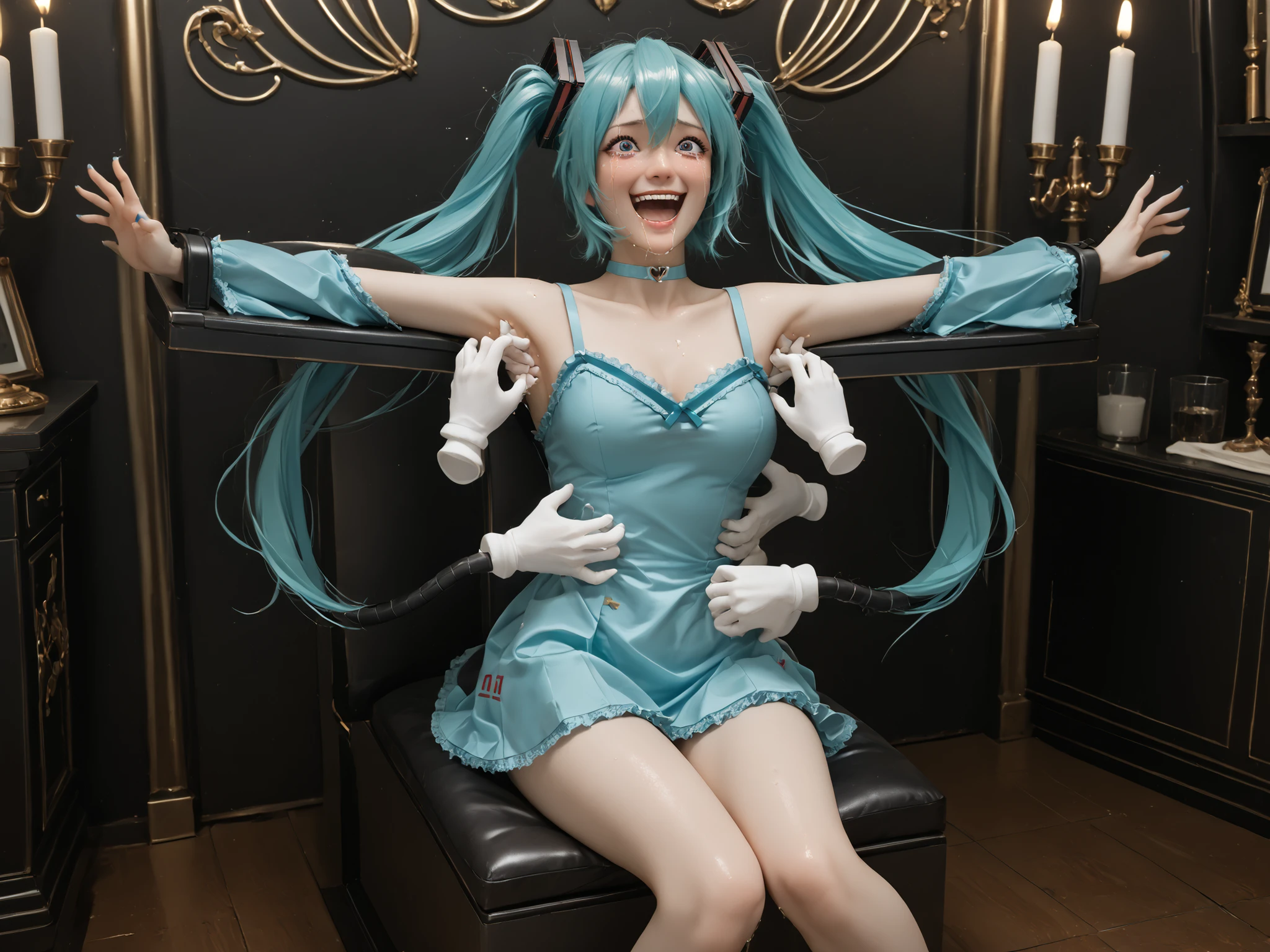 nsfw, 1 girl, nude, medium breasts, Hatsune Miku, {tickle}, heart-shaped eyes,{{{{{{{{{magic hands are tickle the girl's armpits}}}}}}}}}, {magic hands are tickle the girl's stomach sides}, {magic hands are tickle the girl's thigh}, {{{{{{{{Hands touch the sides of the armpits, thighs, and belly}}}}}}}}, Laughing and crying, sitting on a chair, M-leg, bondage, best quality, great quality, very aesthetic, absault dress, Detailed Armpits, Score 9, Score 8, game CG, score 7 , score 6 , score 5 ,Score 4,score 3,SCORE 2,SCORE 1