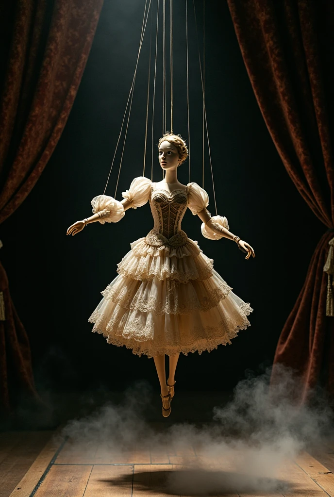 Mechanical Puppet, aesthetic, Cute, sparkling female ballerina puppet on strings at a Russian theatre. Highly detailed, photorealistic, 8k resolution. Intricate details, HDR, beautifully shot, hyperrealistic, sharp focus, megapixels, perfect composition, high contrast, cinematic, moody. graffiti art, splash art, street art, spray paint, oil gouache melting, acrylic, high contrast, colorful polychromatic, ultra detailed, ultra quality, CGSociety, intricate mech details, ground level shot, 8K resolution, Cinema 4D, Behance HD, polished