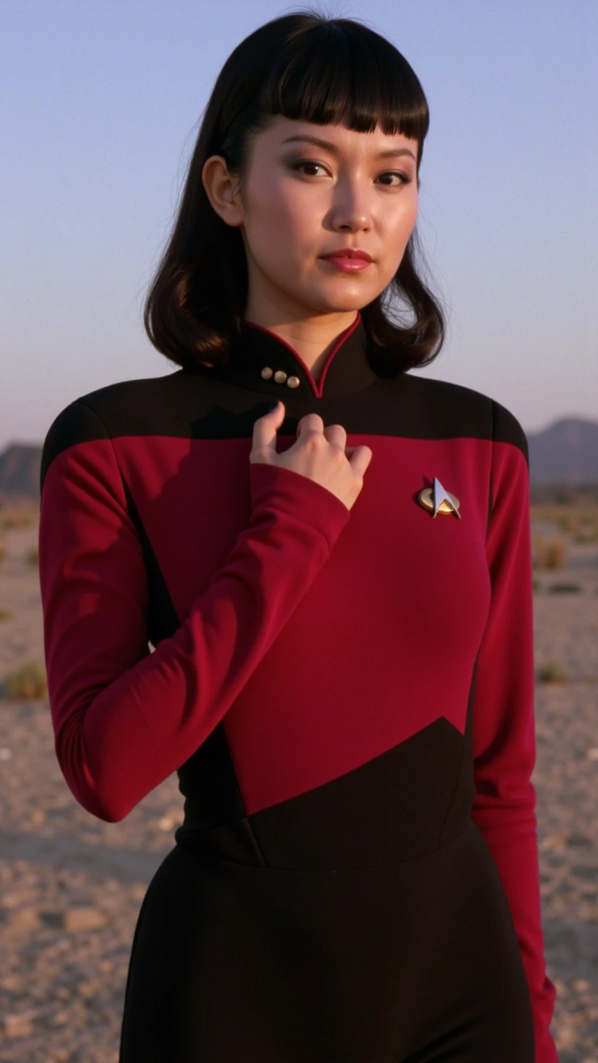 a young woman in a black and red s3sttngsuit uniform,on a desert, 8k uhd, dslr, soft lighting, high quality, film grain, higly detailed face,ultra detailed,masterpiece quality,Fujifilm XT3