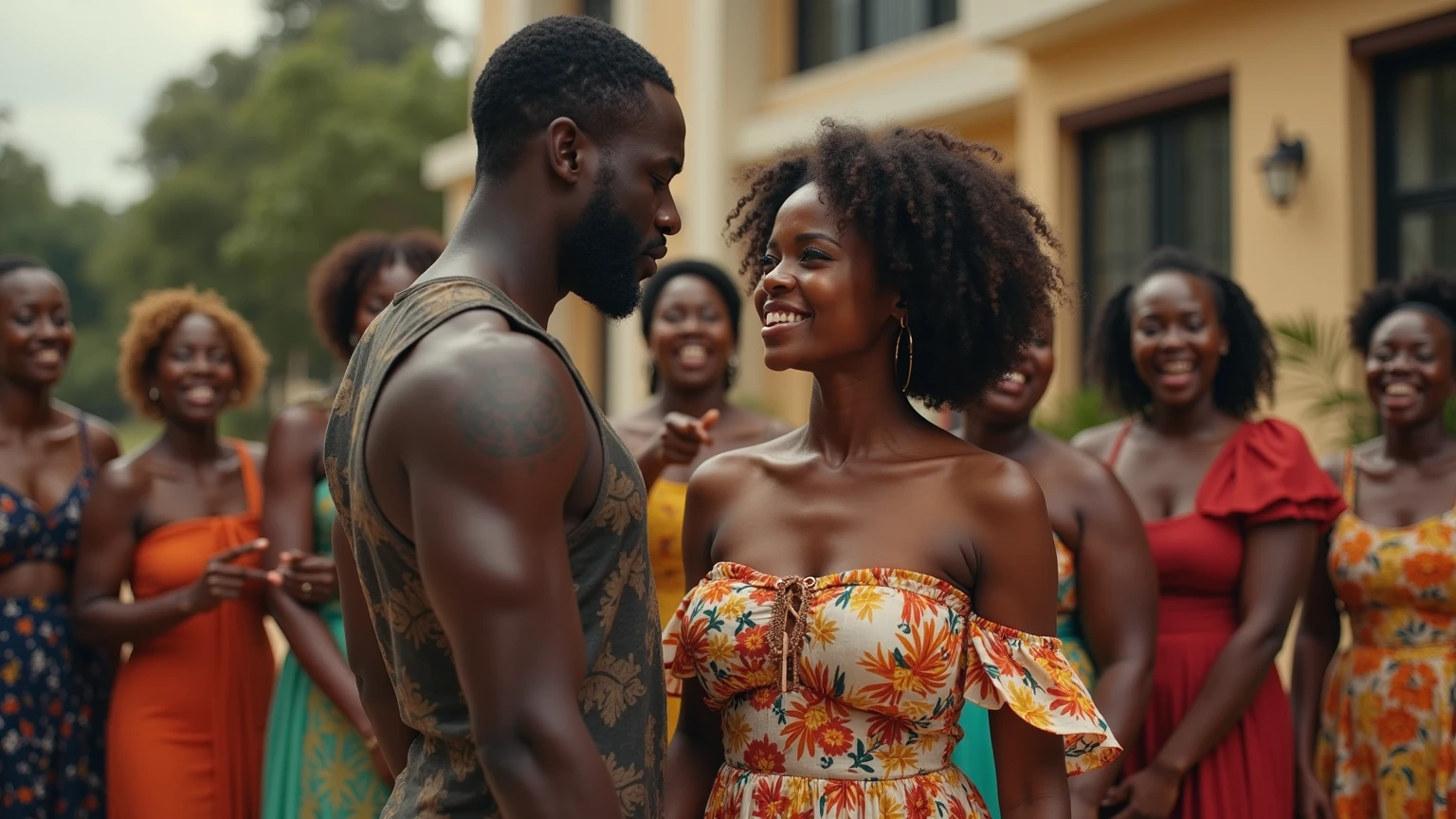 Create a stunning, lifelike depiction of two African men and two African women engaged in a vibrant discussion within the picturesque setting of a lush garden. Ensure that each individual is elegantly seated and impeccably attired in smart casual. The emphasis should be on achieving photorealism, with facial features rendered in intricate detail to convey a heightened sense of realism and authenticity. Capture the essence of the moment, bringing the scene to life with meticulous attention to every nuance. The photo must be landscape.
