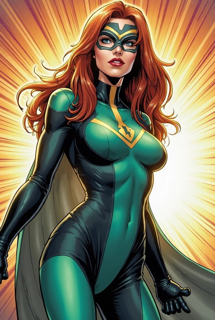 beautiful, (masterpiece:1.2), (best quality:1.2), vibrant, perfect face,pov, close up, face focus, head shot, 1girl, jean-grey, green bodysuit, yellow gloves, smile, foreshortening, depth, blank background