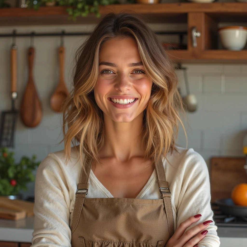 (table top、highest quality、8K、Award-winning work、ultra high resolution)、one beautiful woman、(wearing the most natural and perfect apron:1.1)、(naked apron:1.2)、long hair、(Look at me with your best smile:1.1)、(Show your beautiful teeth and have the best smile:1.1)、perfect beautiful teeth、emphasize body line、(bust up photo:1.1)、(Photo above the waist:1.2)、big breasts、(The most natural and practical kitchen:1.1)、(Perfectly organized and clean kitchen:1.1)、(modern and elegant kitchen:1.1)、(Perfect kitchen with state-of-the-art induction:1.1)、(Beautiful modern kitchen with a unified feel:1.1)、(very bright:1.2)、(very bright and vivid:1.2)、bright、very bright、that'It's very vivid、the most vivid、High chroma、radiant beautiful skin、A refreshing and beautiful perfect window、ultra high resolutionのperfect beautiful teeth、(Ultra high definition glossy skin:1.1)、(very brightly lit、bright and glowing skin:1.2)、Super high-definition sparkling eyes、(accurate anatomy:1.1)、(the most elegant and perfect posture:1.1)、big breasts