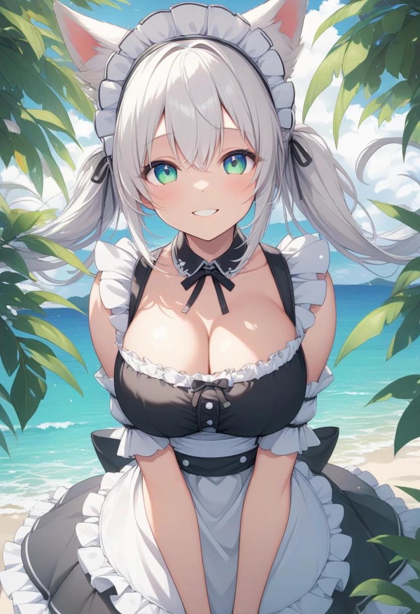 anime, beautiful face, highly detailed face, (2 accurate legs:1), green detailed eyes, highly detailed beach background, perfect lighting, best lighting, no shadows lighting, 1girl, solo, outdoors, genshin impact, hair ornament, noelle, (beautiful sliver hair:1.2), absurdres, high res, ultrasharp, 8K, masterpiece, looking at viewer, affectionate loving smile, BREAK (detailed sexy beach maid bikini:1.2), (all intricate lace:1.1), elegant pose