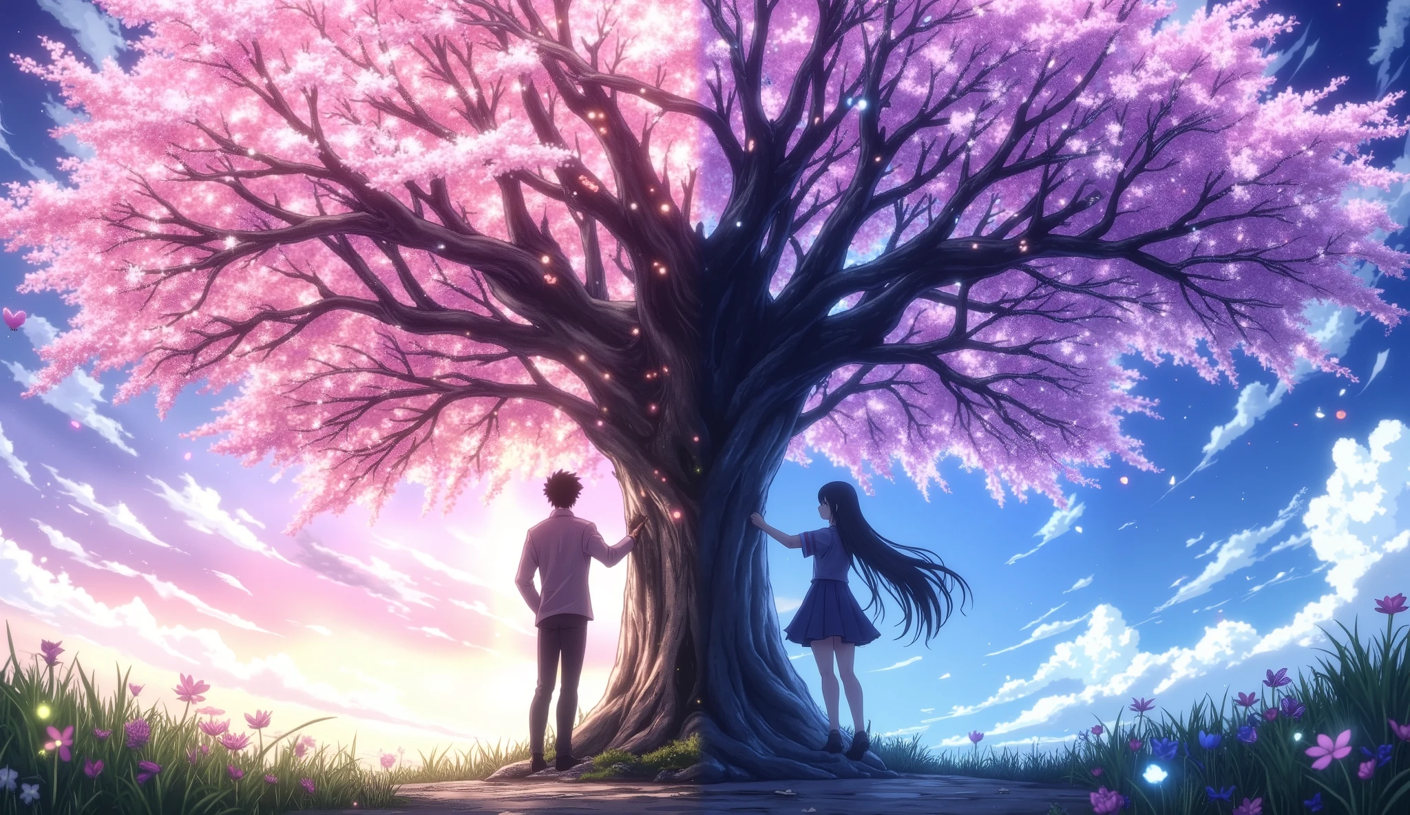 A large, beautiful cherry blossom tree stands at the center of the scene, its branches spreading wide. On either side of the tree stands a Japanese high school student—one boy and one girl—each gently placing one hand on the trunk. The composition is slightly pulled back, with the tree dividing the scene into two contrasting worlds.
On the left, a world of light: warm spring sunlight filters through the petals, casting soft glows on fresh grass and blooming flowers. The boy stands here, wearing a bright-toned school blazer, his short black hair stirred gently by a spring breeze.
On the right, a world of darkness: night envelops the girl, her long straight black hair swaying in a quiet, cool wind under the pale glow of the moon. She wears a subdued-colored sailor-style uniform, reflecting the serenity of her world.
Though they are lovers, they exist in parallel worlds and cannot meet. Their eyes reflect quiet emotions, a deep longing restrained beneath the surface. The cherry blossom tree, glowing softly in both light and shadow, symbolizes both their bond and separation.
The entire scene is drawn in a delicate and beautiful Japanese anime style, with fine lines and gentle color gradients, evoking a bittersweet, dreamlike atmosphere of love suspended between two realms.