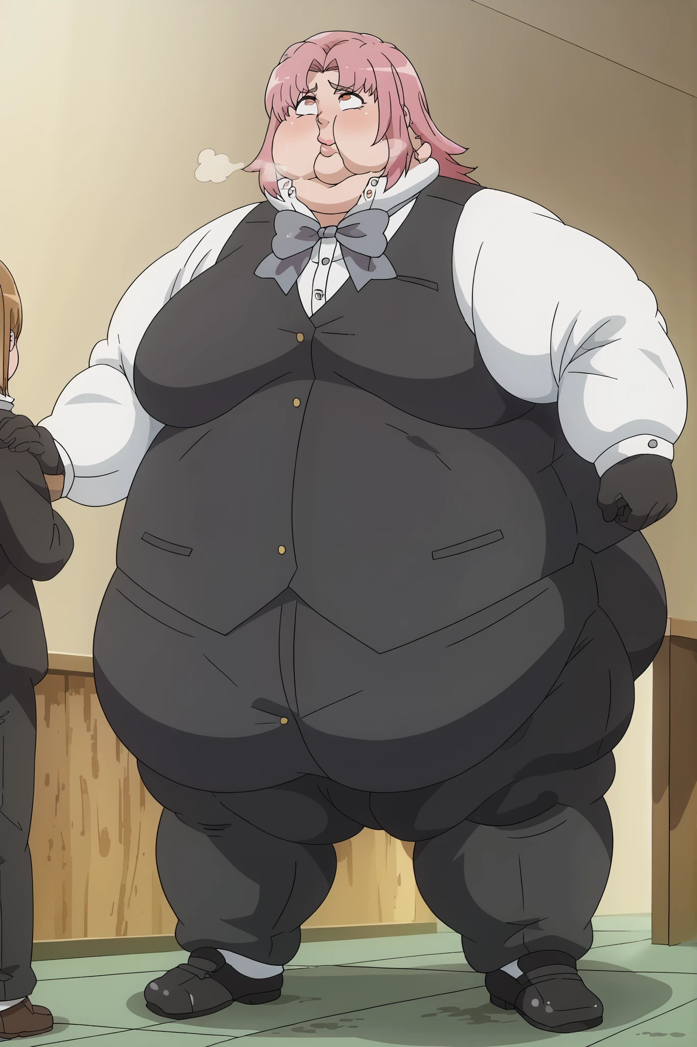 Fat_neck , Fat head , eyes with crushed cheeks , nose with crushed cheeks , mouth with crushed cheeks , chin roll , chubby, obesity, chubby, shortness of breath, Wide angle , Ultra-detailed illustration , masterpiece , top quality, fat, chubby, obese , Misha Flott, anime screencap, score_7_up, anime screencap, white shirt, high collar, grey bowtie, black vest, long sleeves, black gloves, black pants, giant hands, giant feet, fat, chubby, obese, gigantic arms and legs, gigantic breasts, sagging breasts, full body shot, fat face, chubby face, double chins, big lips, 