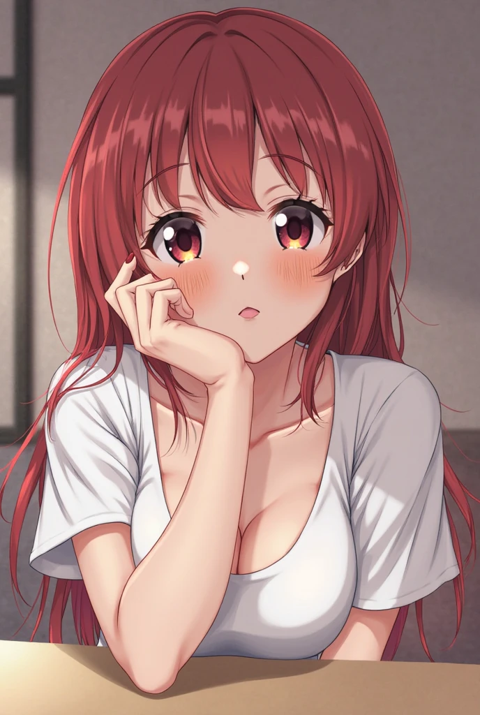 masterpiece, best quality, realistic anime art, front light, realistic shadow,solo, wearing only oversize white shirt, (shoulder slip),large breasts ,dark red hair ,short sleeves, thighs,yellow eyes , sakurauchi riko love live , standing , (leaning forward:0.7), looking at viewer , simple pink background