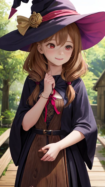 (Masterpiece, Best Quality:1.3), highres, 8k, highly detailed, 2d, illustration, <lora:Sugar_Rune-20:0.9>, sugar_rune, cowboy shot, looking at viewer, 1girl, solo, (detailed face, detailed eyes), ;d, fangs, victory pose, orange hair, long hair, flipped hair, green eyes, (striped thighhighs:1.2), pink cape, pink short dress, witch hat, buckle, belt, pendant, heart, standing, depth of field, halloween, sky, autumn, marker \(medium\), bloom:0.3, ((pink theme))
