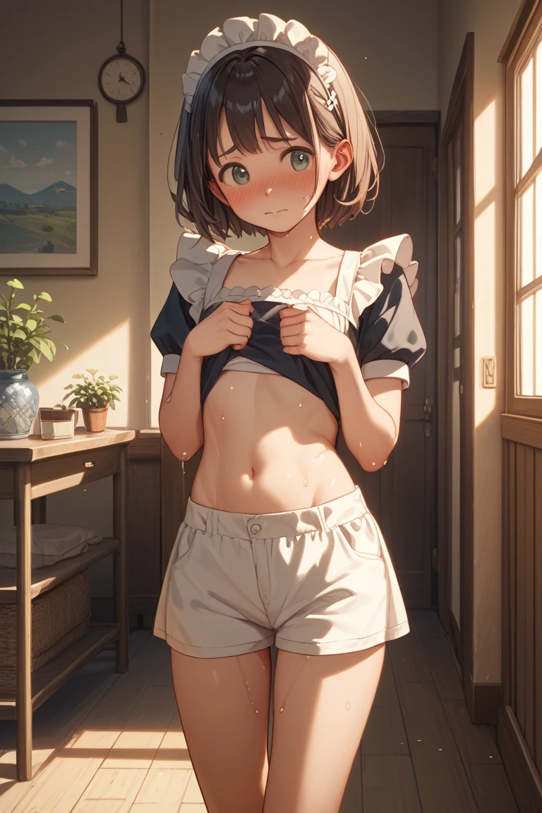 Wearing turquoise shorts(Butt Emphasis Backwards Position Crawling on All Fours)Realistic Face、Sweaty、(8-year-old)、(black braid hair、)Tomboy.Emphasis on breast valley、(Wearing a red off-shoulder summer sweater)、Sexy posing、Embarrassed expression、Moisturizing pink lips