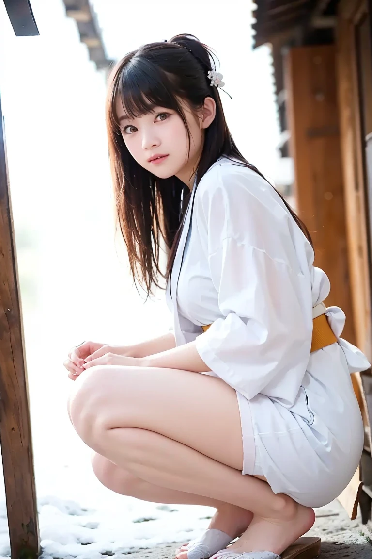 最high quality、high quality、best image quality、8K、最High resolution、High resolution、最high quality、masterpiece、Realistic human body with detailed details、Realistic skin in every detail、Realistic face in every detail、Realistic eyes in every detail、Realistic lips in every detail、Realistic teeth in every detail、Realistic ears with attention to detail、Realistic hair with detailed details、Realistic arms with attention to detail、Realistic hands with attention to detail、Realistic fingers with attention to detail、(fine hands、thumb1reference4)、Realistic legs with attention to detail、Realistic feet with attention to detail、((beautiful japanese girl))、(japanese model), (japanese woman)、((18 year old beautiful girl))、(black hair)、(straight hair)、((whole body))、((Beautiful breasts directed upwards、Medium chest))、(slim style、slender style)、(whole body光沢肌、Fair skin)、Detailed and realistic human body、detailed realistic skin、detailed realistic face、detailed realistic arms、Detailed realistic fingers、Detailed realistic feet、soft natural light、samurai kimono、maiko kimono、servant、geisha kimono、japanese kimono、Furisode、kimono、Yukata、japanese traditional、Samurai Residence、Japanese garden、((colorful transparent vinyl(flowery kimono、Hakama with side slits))、((sit on a stump in the garden with your knees bent(Pose that makes your thighs look beautiful))