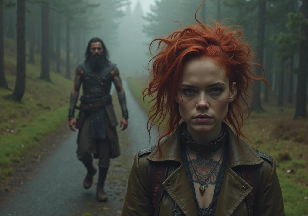 a couple of people standing in front of a fire, in a post apocalyptic setting, hairstyle red mohawk, fantasy movie still, sharing an oxygen tank, 2019, dreads, movie still, symmetrical dieselpunk warrior, dirt and unclean, puṣkaracūḍa, lovely couple, kashin, tvs