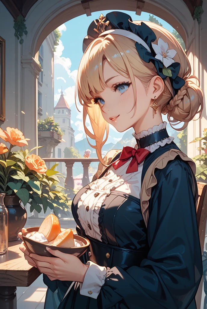 (Masterpiece, best quality), (ultra high resolution, 8K RAW photo, photo realistics:1.5, textile shading, thin outline), Beautuful Matured woman preparing tea-party in the garden, (tea set, tea pot, tea cups, some cakes on dish), Gothic table, wearing traditional dark-brown maid uniform, maid costume:1.2, long flare skirts, apron, Tall and long legs, long white hair, wearing rimless grasses, (milf:1.5, 28 years old, solo), (large breast, sagging breast, big tits, narrow waist), (long white hair, hair over one eye, updo, side lock, asymmetric hair, wavy hair), (bright pupils, detailed eyes, high detailed face, Perfect face shape, eye rush), (seductitve smiling, half-closing eyes), (looking at viewers:1.3), (dynamic angle, tighs focus, from side above:1.2), ((correct ???????:1.5, correct hands)), (ideal ratio of body proportions), outdoor, flower garden, 