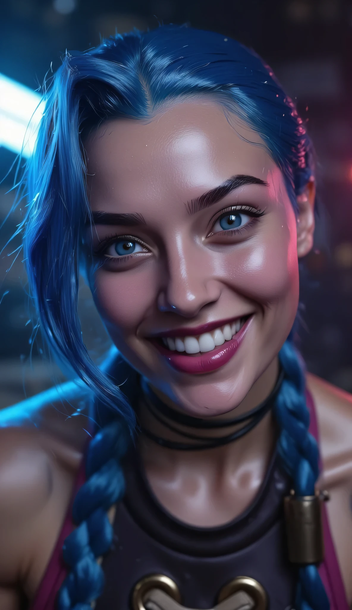 Create a hyper-realistic, anatomically correct portrait of Jinx from League of Legends, based on her original design. Focus only on her face. She is smiling with a wide, wild, and slightly unhinged grin—full of chaotic energy—yet her features remain stunningly beautiful and captivating. Her eyes sparkle with mischief and madness. Her iconic blue pigtails are partially visible, framing her face. The lighting is dramatic and cinematic, with ultra-detailed skin textures, perfect facial anatomy, and realistic shading. Background is softly blurred, hinting at Zaun’s industrial colors and lights