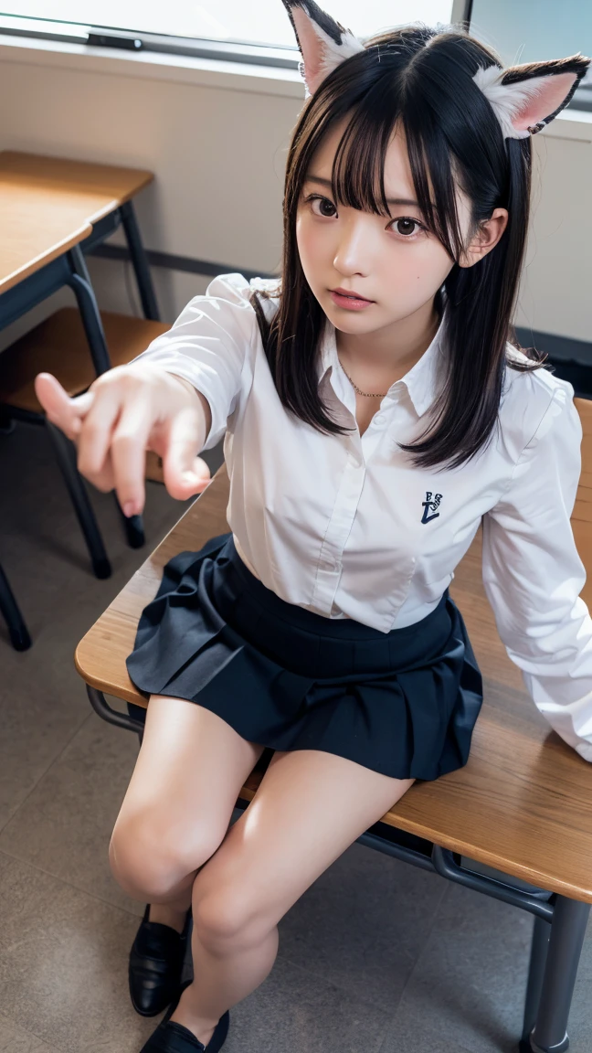 (((highest quality,8k,masterpiece:1.3)),(Photorealistic:1.3),Ultra HD,1 Japan, ((Japanese school sailor uniform)),School Pleated Skirt,Cute highlighting her small breasts:1.3, Tight waist,(Random hairstyle:1.2), (Young Face:1.4),Highly detailed face, fine grain, double eyelid,Black Hair,White and glowing skin,Showing nipples,whole body,Between the legs,Browsing Caution,(Girl seen from below:1.6),The girl fills the screen,Sealing,Spread your legs and let your audience know々Ambivalent composition,(Low altitude photography:1.3),(Low angle shot from the pubic bone:1.3),(Adjust to fit:1.3),