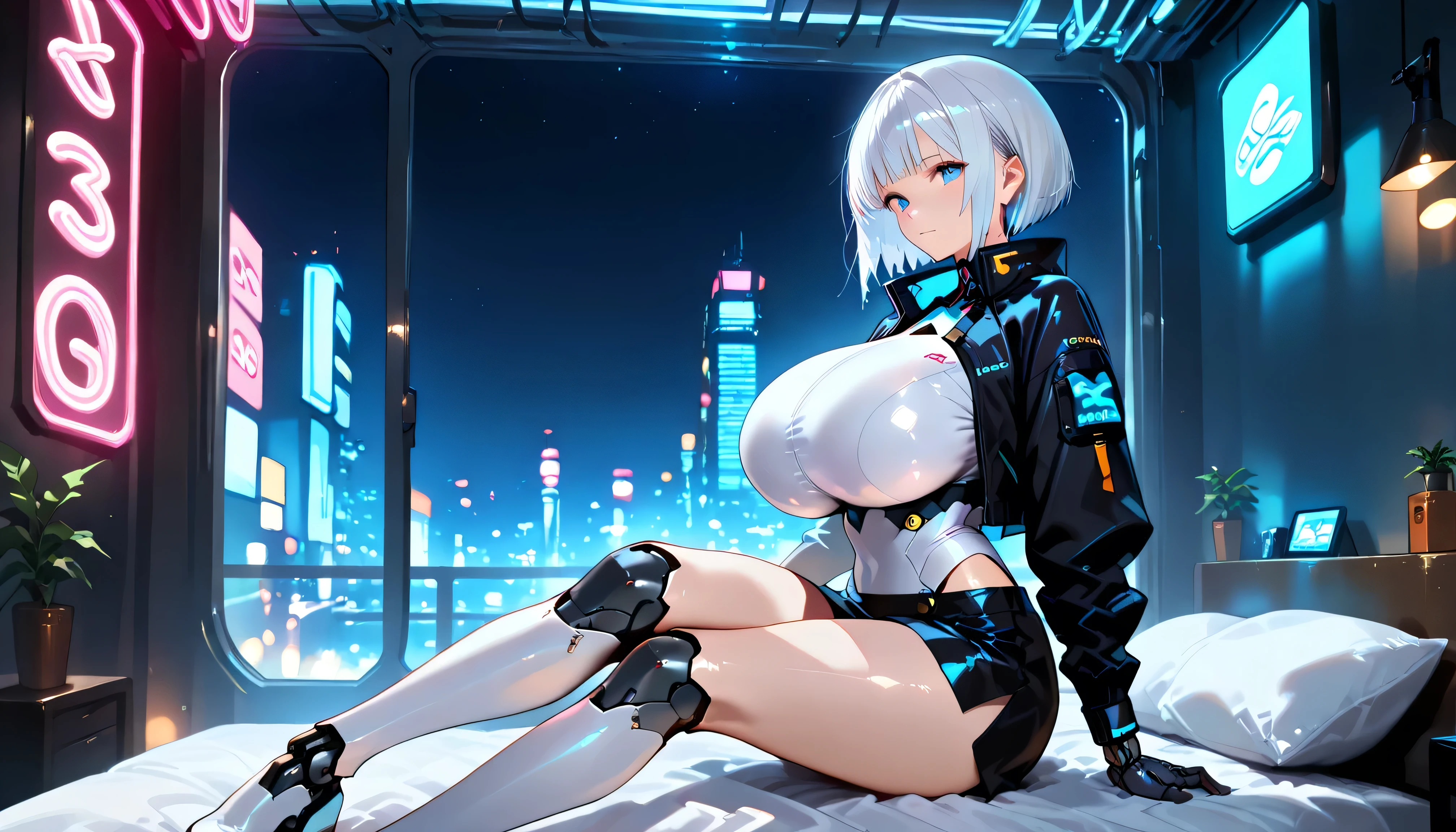 score_9 , score_8_up , score_7_up , masterpiece, best quality, amazing quality, very aesthetic, absurdres, newest, scenery, 8k , hyper detailed , insanely detailed , cyberpunk theme, (night , dark sky), side view, break, ((1girl)), solo, cute face, looking at viewer, shiny skin, sitting, stylish pose, white hair , bangs , (bob cut:1 . 3) , blue eyes , perfect face , perfect eyes , perfect anatomy , beautiful body , beautiful nose , beautiful character design , eye highlights , (huge breast:1.4) , androids, wearing white futuristic armor , high-tech , white body suit, single robot arm , black performance jacket, open jaket, black slit skirt, cleavege, mechanical joints, ((bedroom)), neon lights, neonlighting