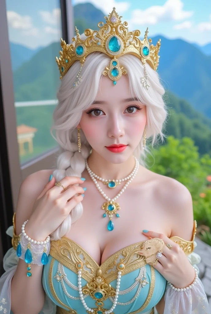 (heavy breasts)、（Mystical expression）,top-quality、​masterpiece、超A high resolution、（Gold Dragon Armor）、(((Colossal tits))),dragon armor、(((large floral ornament on the head))),(((Detailed Micro Bikini))),(Wearing a beautiful crown made of jewels),(Photorealsitic:1.4)、Raw photo、女の子1人、(((Random hair))、(((Take different poses)))、glowy skin、(((White Chinese Dragon)))、Intricate and ornate hair ornaments、（Gorgeous Jewelry Necklaces）、（Mystical expression）、（Full Body Angle）、（Fight big dragons）、（Metal bikini）、((beautiful lake background)),(beautiful forest background)、Precipitous cliffs、(Castle background)、((super realistic details))、portlate、globalillumination、（sexypose）、Shadow、octan render、8K、ultrasharp、Colossal tits、Raw skin is exposed in cleavage、metals、Details of complex ornaments、Japan details、highly intricate detail、Blue eyes、radiant eyes、Facing the camera、Toostock、（Full Body Angle）、（veils）、(((Heavy Big))),((she is wearing a beautiful jeweled bangle.)),