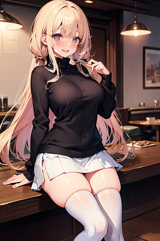 ((masterpiece)), (best quality:1.7), (detailed:1.4), (high res:1.4), 8k, (colorful:1.5), high resolution, sharped image, 4k, hd, (beautiful detailed background:1.2), (beautiful lighting:1.2), (highly detailed:1.2), perfect lighting, (8k wallpaper:1.2), (highly detailed:1.2), (extremely detailed CG:1.2), (((platinum blonde long hair))), (((pink hair highlights))), ((large chest)), ((busty)), curvy figure, (((light purple eyes))), (bartender counter), (pink loose ribbed sweater and black skirt and black leggings), (plain headband), mature, older, human adult, very tall, fullbody