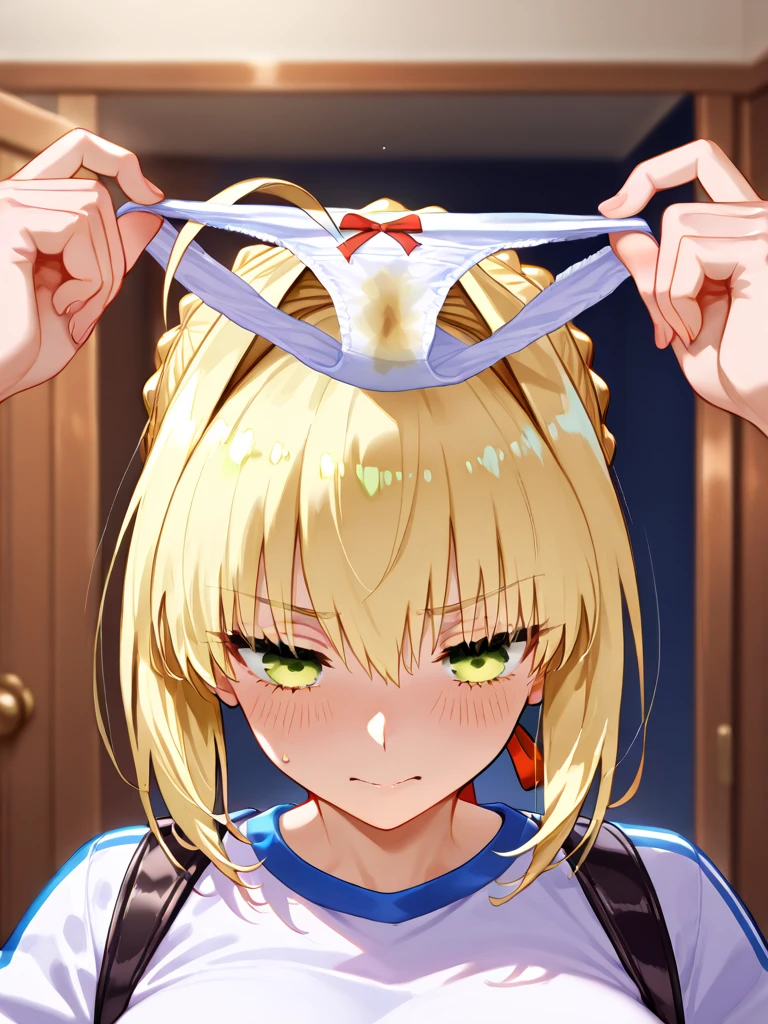 (((masterpiece))),(((best quality))),(ultra-detailed,high resolution:1.2),(illustration),((an extremely delicate and beautiful)),(detailed background), POV, ((((fellatio)))), ((((headpat)))), ((face down)), (cum in mouth:1.4), (((wrestling ring))), ((1petit girl)and(1boy)), hetero, (1petit girl,short stature),((((artoria caster,(second ascension)/(fate/grand order/)))), (slender body:1.4), (long blonde hair,twintails),sidelocks,ahoge, green eyes, (middle breasts), ((She wears white dress, long sleeves, blue beret, black pantyhose, blue footwear, blue cloak, blue bow)), (evil glin), (cum on clothes,cum on body,excessive cum:1.4),cum facial,bukkake,cum on hair, clothing aside, clothed, (1boy,tall stature:1.4), large penis,