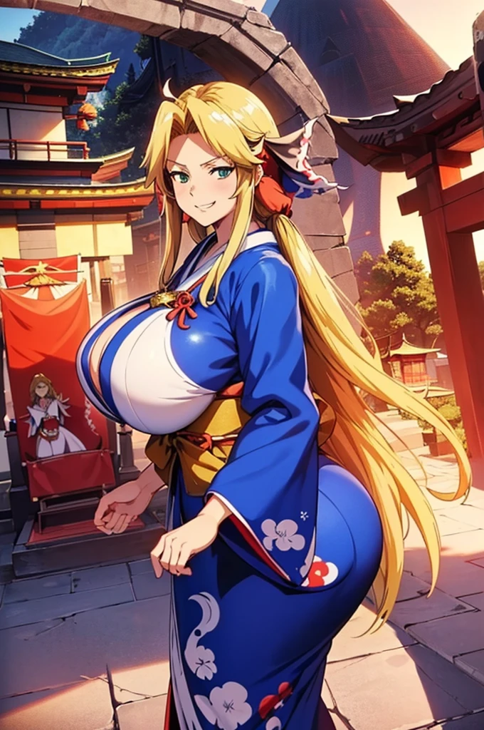 gold boots, blue kimono, night time, japanese lampion, crowded, (japanese carnaval background), astraea, anime cels style, best quality, high resolution, 1girl, (huge breasts:1.2), beautiful face, blonde hair, long hair, (red eyes:1.5), cowboy shot, smiling