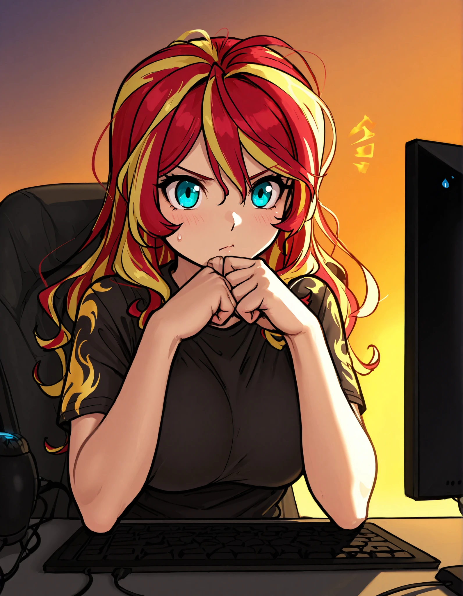 Sunset Shimmer putting her fist through a computer monitor