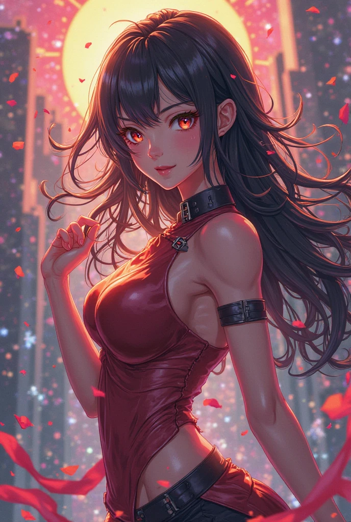 anime illustration, ((((highest quality)))), (((Ultra-precision CG 16K))), (((masterpiece))), (((Very detailed))), (((Extremely detailed))), (((Black outline:1.3, Written boundary depth:1.3 , Written soft outline, sharpness))), Maximum clarity and sharpness, Multilayer Texture, Surface Shading, Cinematic lighting, Beautiful details sparkle ,Perfect Proportions, Limited to one woman, BREAK accurate, Anatomically correct, Highly detailed face and skin texture, drawn in detail, Highly detailed facial and skin texture, Detailed eyes, beautiful hair, Beautiful Japanese Idol face, Beautiful and beautiful eyes, Beautiful body, Beautiful breasts, Beautiful thighs, Beautiful legs, Beautiful fingers, (Beautiful views) , skinny body, ((Beautiful Skin)), ((Skin Texture)) BREAK breast enlarged, medium Breasts, rocket breasts, (((perky breasts))), ((sagging breasts)), slender waist, ( narrow eyes, smiling, blush, determined expression, sweaty , Heavy breathing,) , (streaked hair, hair intakes, colored inner hair, ) BREAK (((wearing printed sexy oversized shirts , wearing wide-leg-pants, breasts is covered by outfit))) , wearing earrings, (((tanned skin, tan lines))) , BREAK ( stick breast out, bending over, under the blue sky ),(((looking at viewer, super detailed background , ))), BREAK (((portrait , close-up of face, bust-up shot, looking at viewer, )), (natural make), random angle , random situation , pinup magazine pose, from front