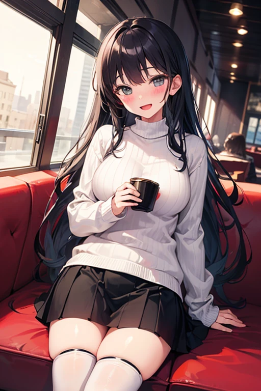 (masterpiece, Highest quality:1.2), Mature Woman、Married Woman、40 years old、Black long hair、{wrinkle}、White tight sweater、{Flesh-colored jacket}、White short skirt、Coffee shop