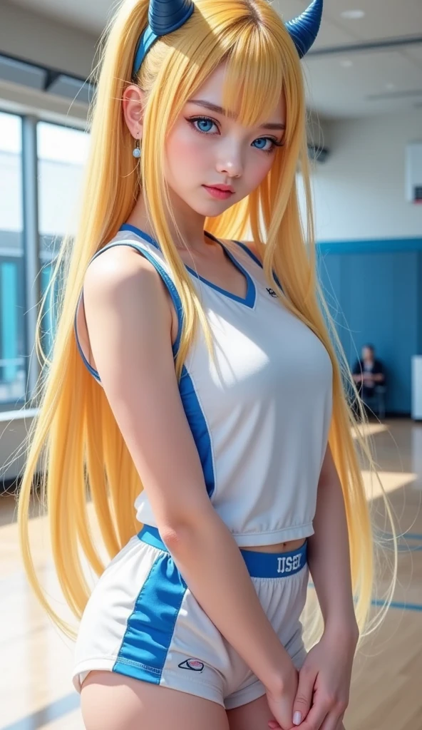 Beautiful girl, gold hair, big breasts, wear gymnastics uniforms, sexy post, in the locker room.